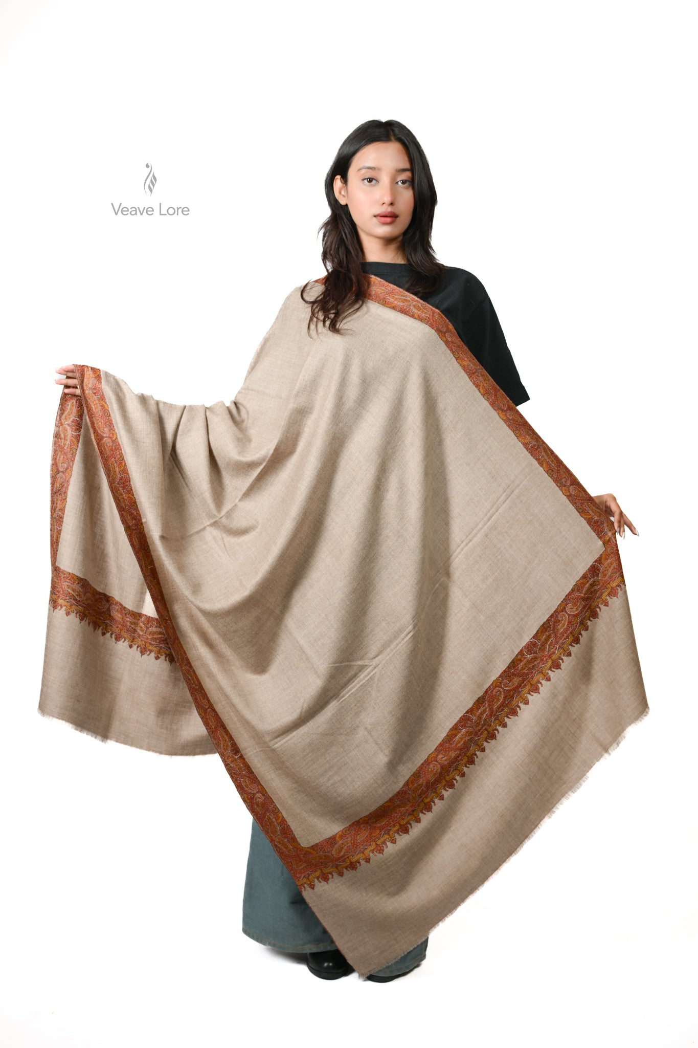 Celestial Natural Hand-Embroidered Pashmina Shawl