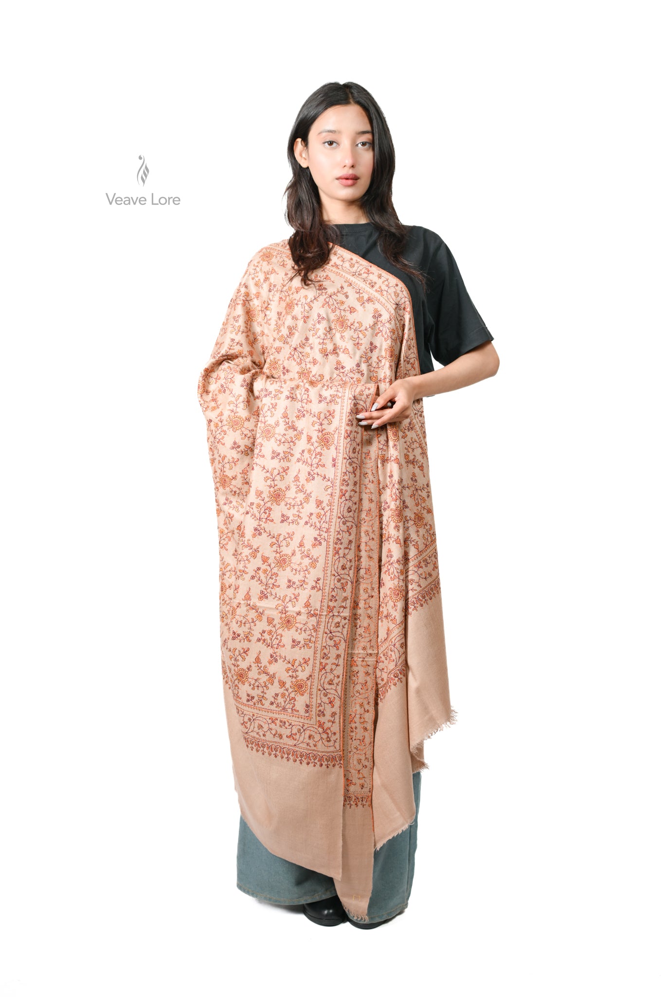 Shafaq & Flame Pashmina Shawl An All-Over Sozni Jaal of Trailing Vine and Flower