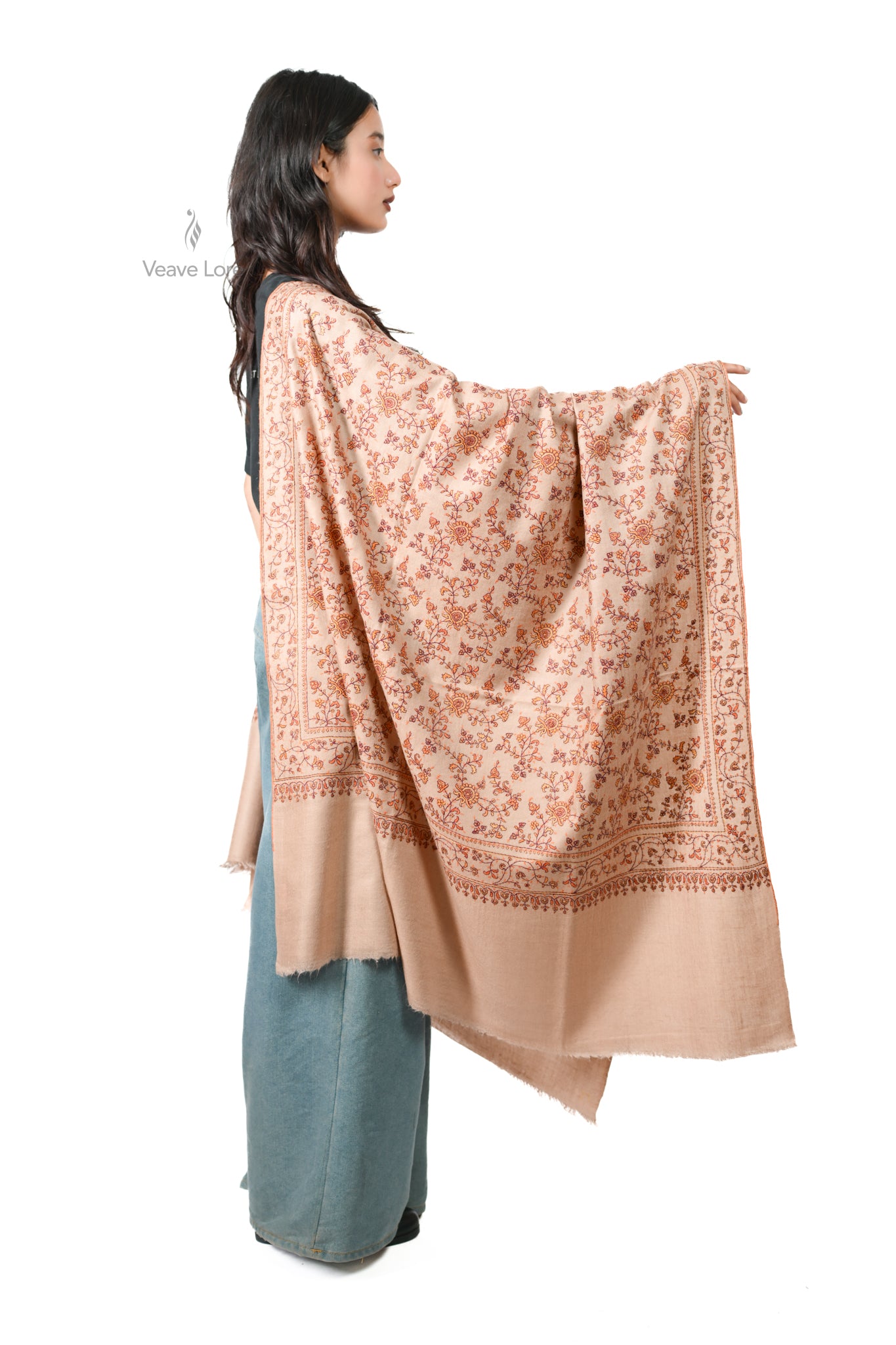 Shafaq & Flame Pashmina Shawl An All-Over Sozni Jaal of Trailing Vine and Flower