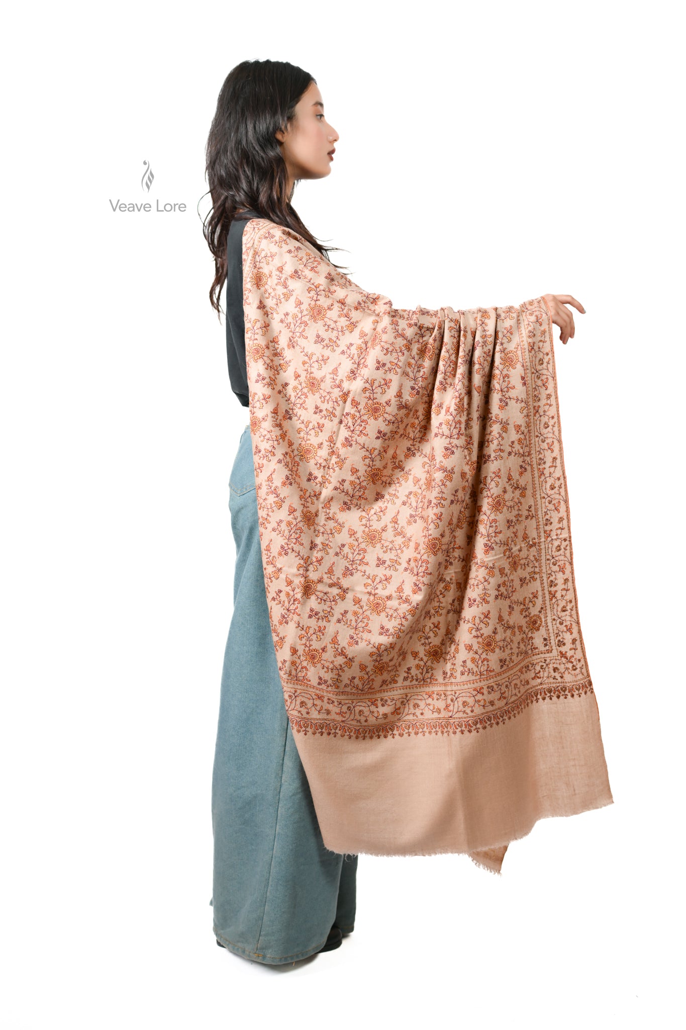 Shafaq & Flame Pashmina Shawl An All-Over Sozni Jaal of Trailing Vine and Flower