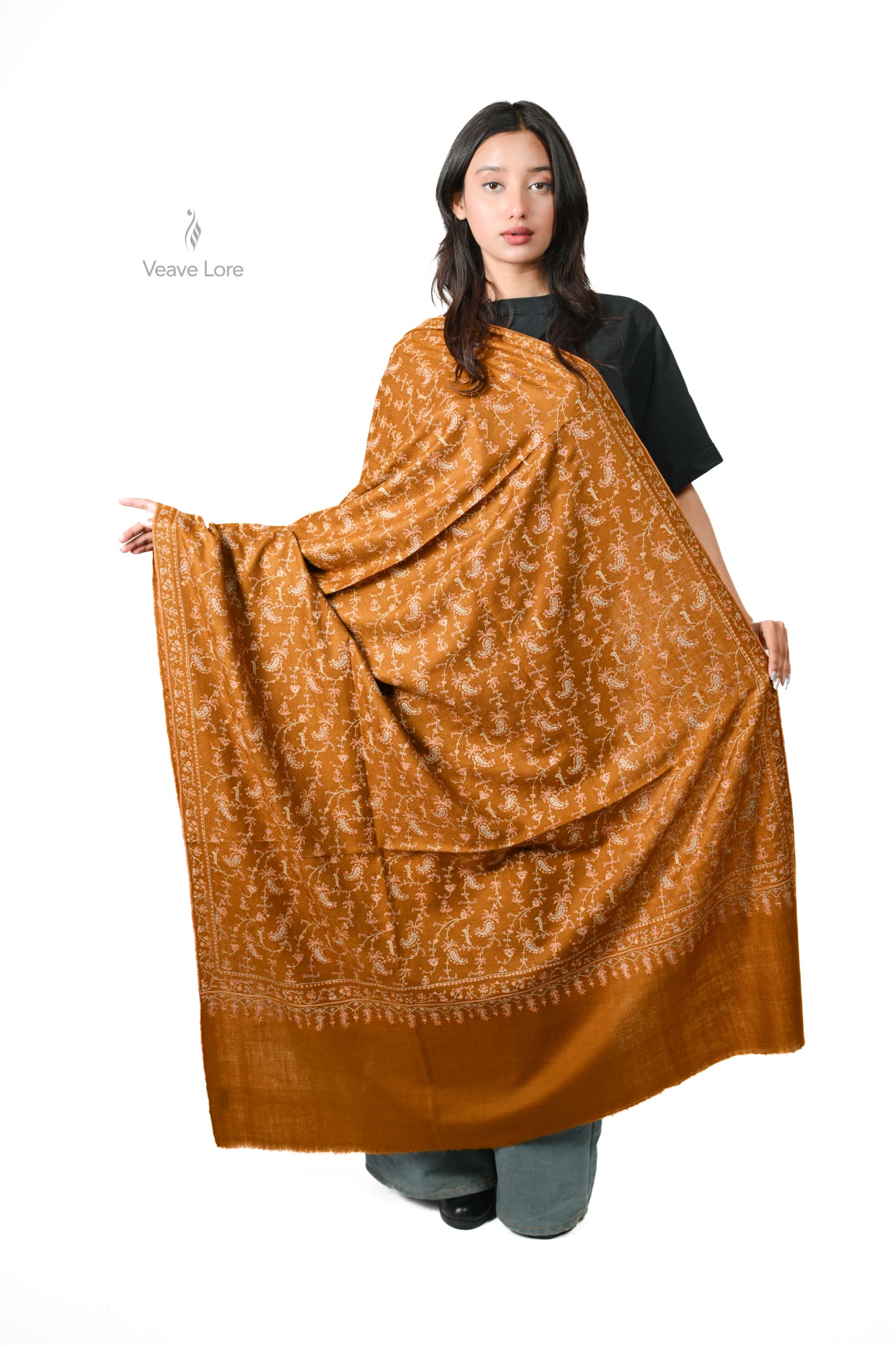 Kahrooba & Vine Pashmina Shawl — An All-Over Sozni Jaal of Trailing Vine on Amber