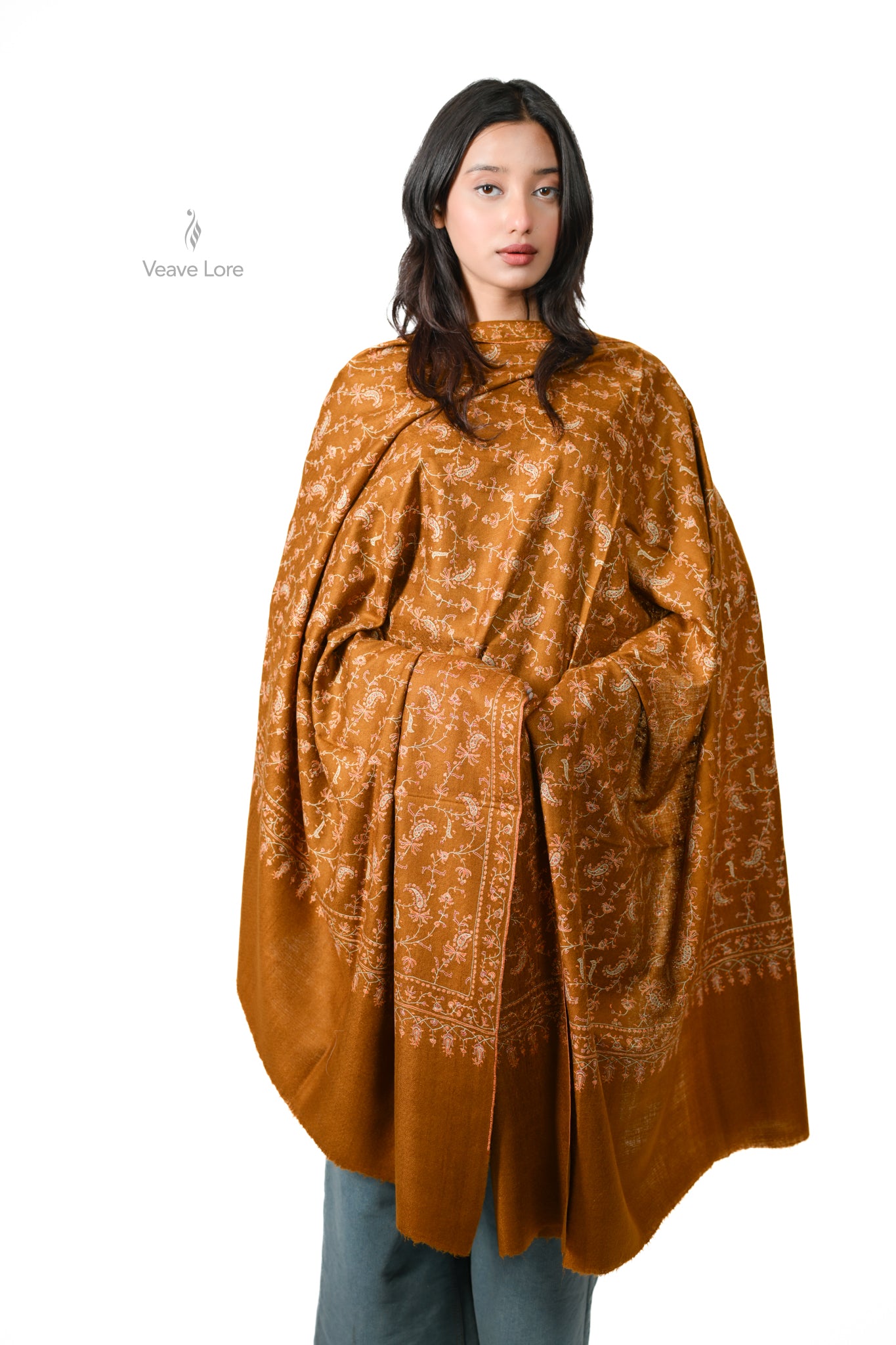 Kahrooba & Vine Pashmina Shawl — An All-Over Sozni Jaal of Trailing Vine on Amber