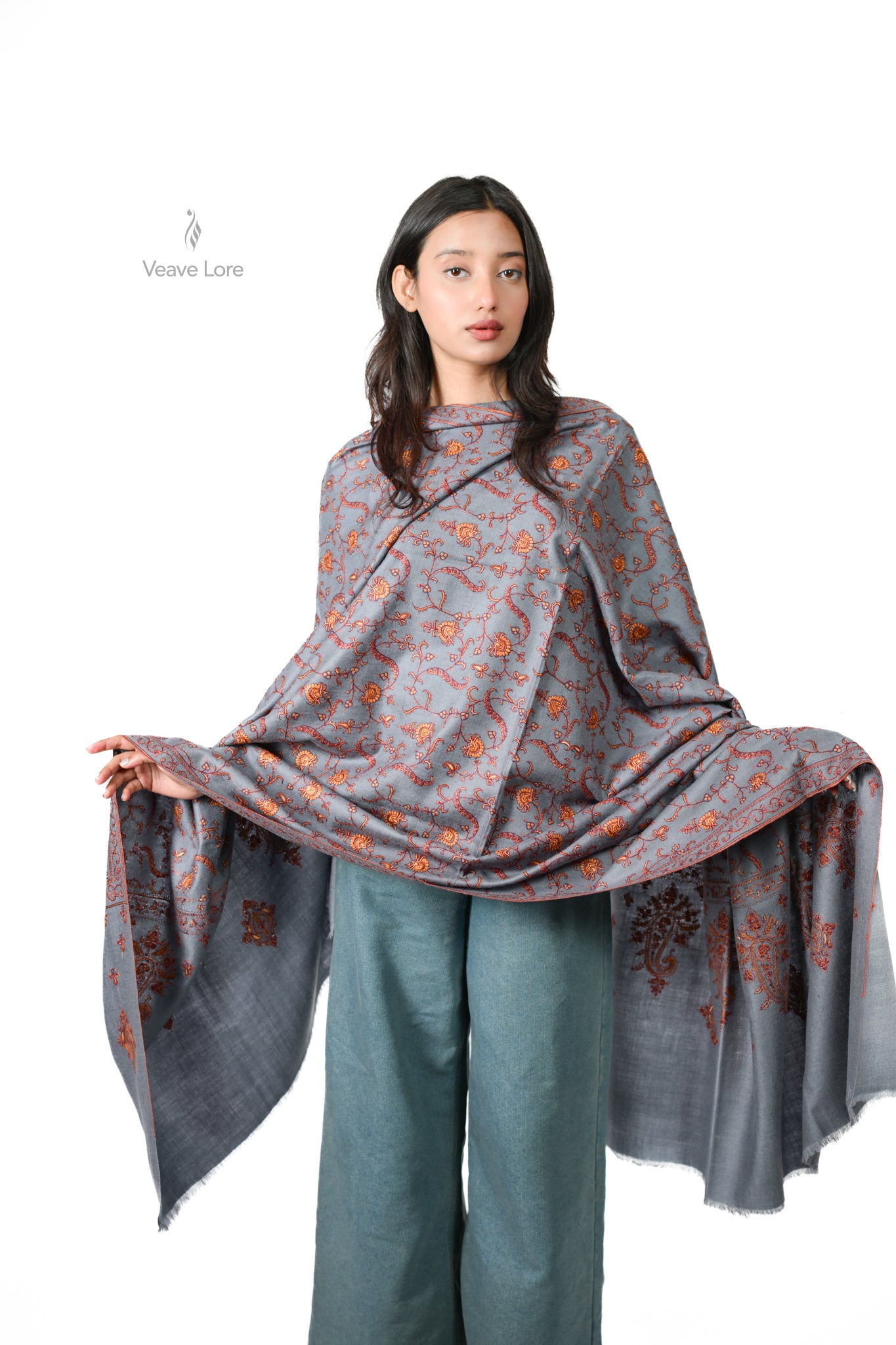 Mehtab & Copper Pashmina Shawl — Sozni Buti and Hashia on Dove Grey
