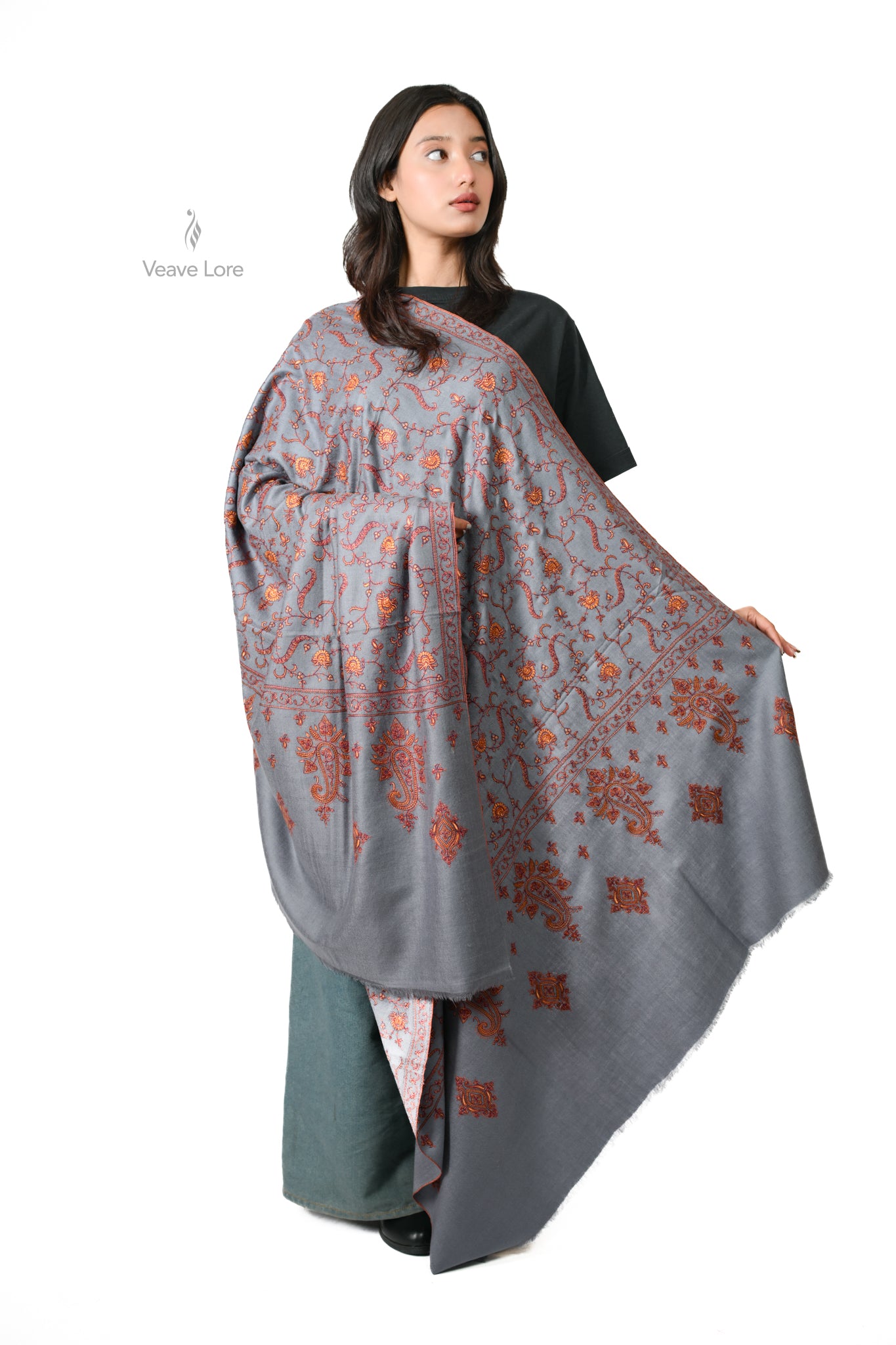Mehtab & Copper Pashmina Shawl — Sozni Buti and Hashia on Dove Grey