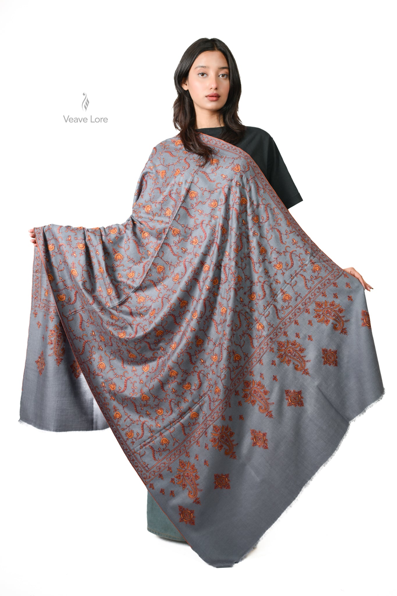 Mehtab & Copper Pashmina Shawl — Sozni Buti and Hashia on Dove Grey