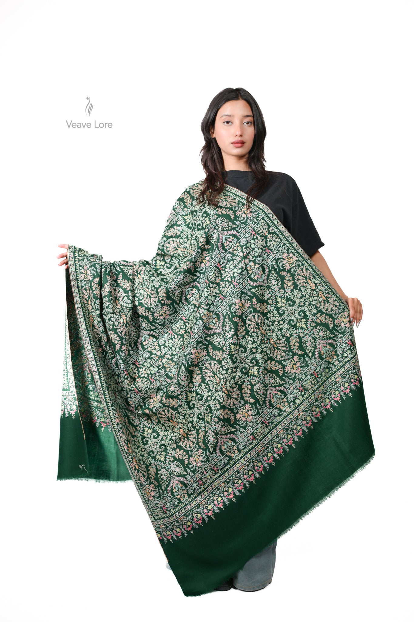 Sabz Chaman Hand Embroidered Sozni Jamawar Shawl