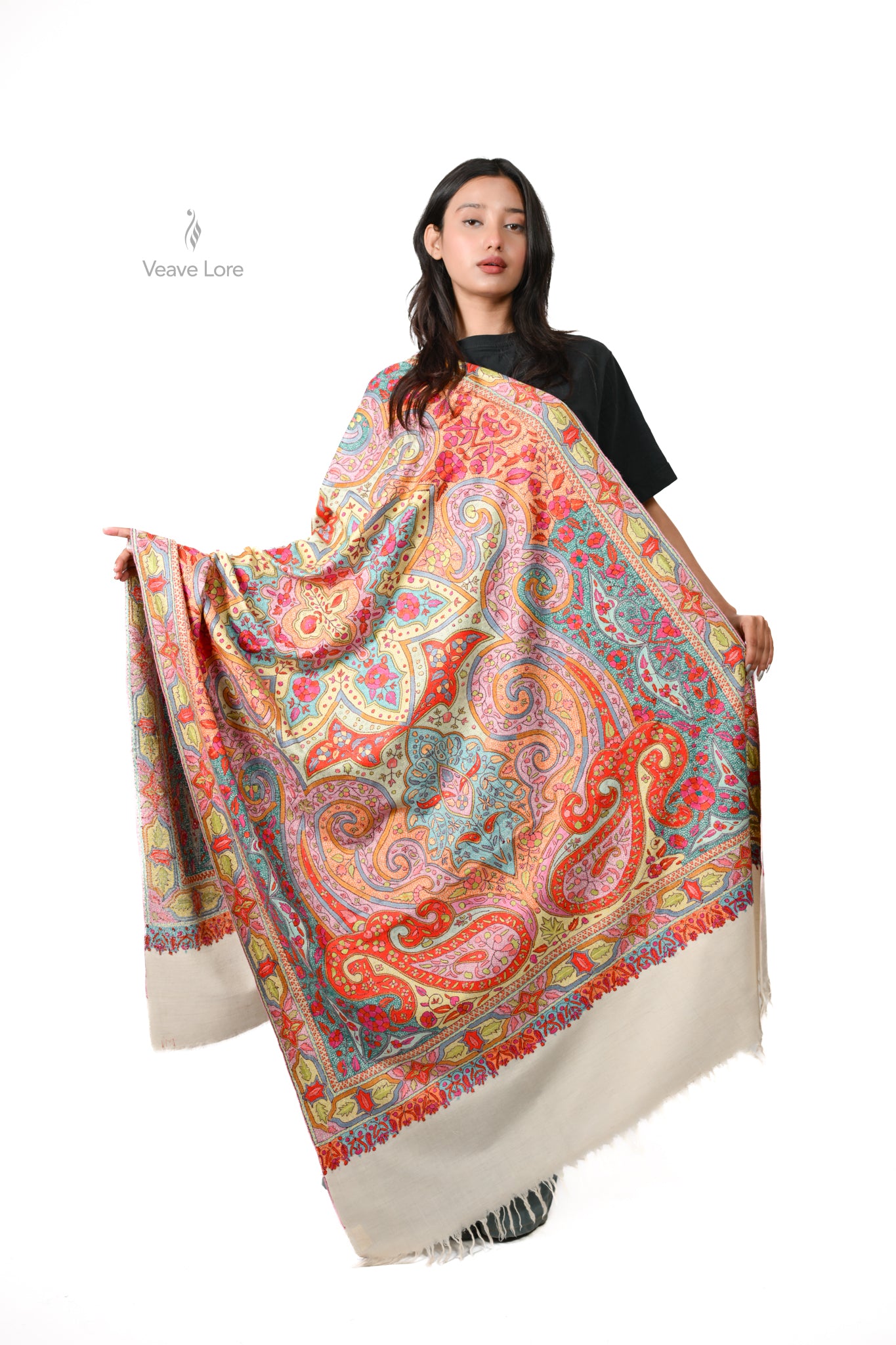 Nur Gulshan Hand Embroidered Sozni Jamawar Shawl