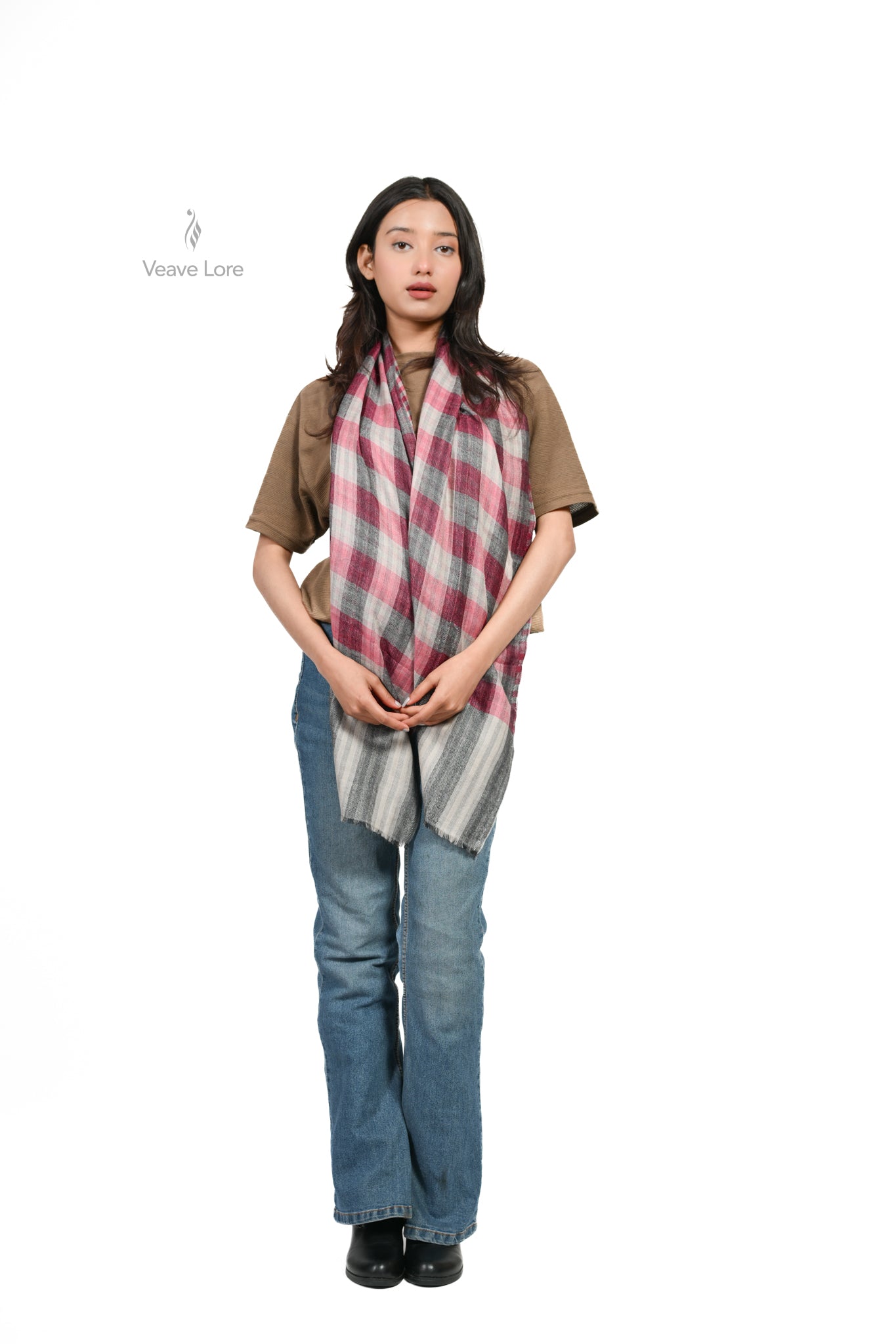 Berry & Grey Check Fine Wool Scarf