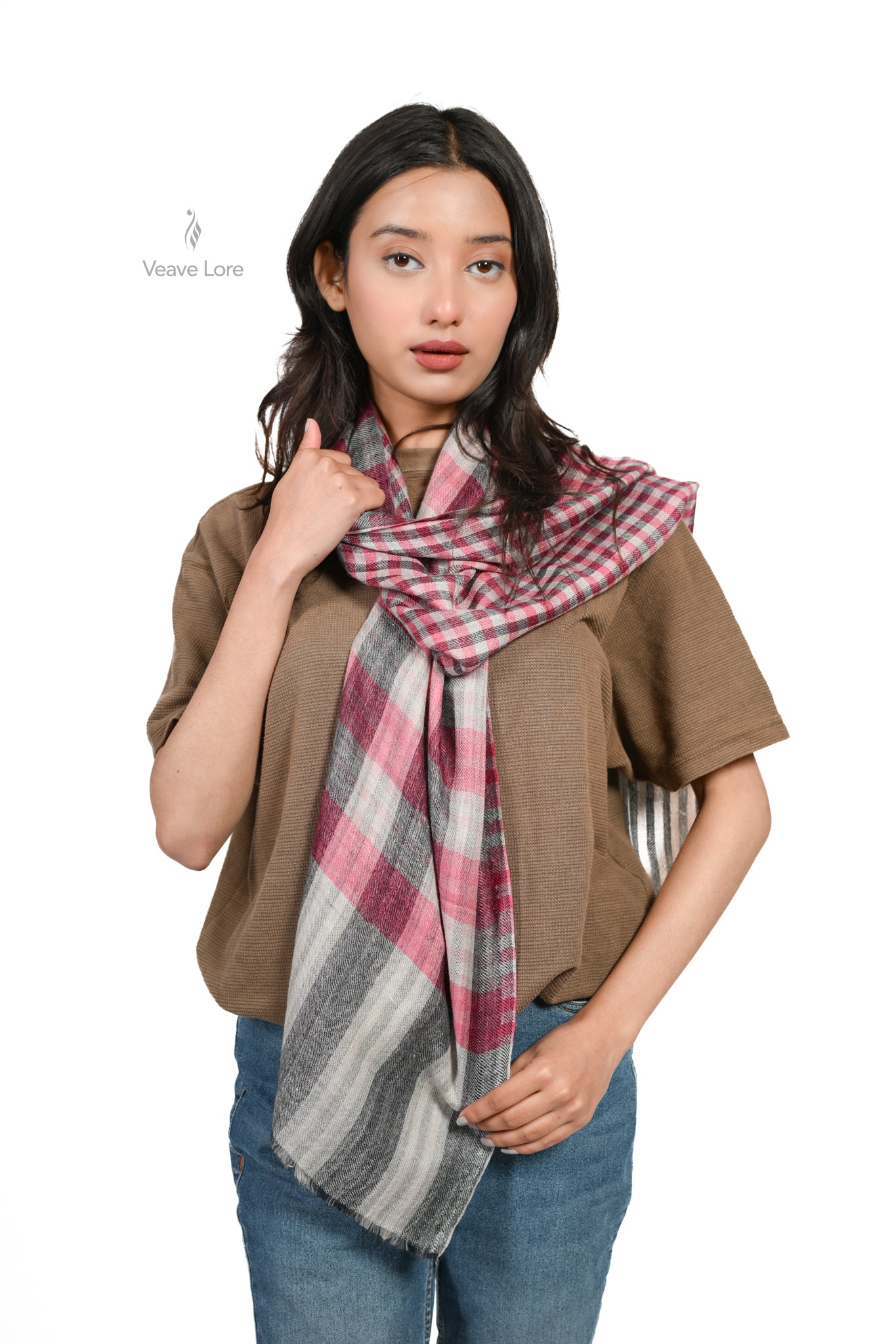 Berry & Grey Check Fine Wool Scarf