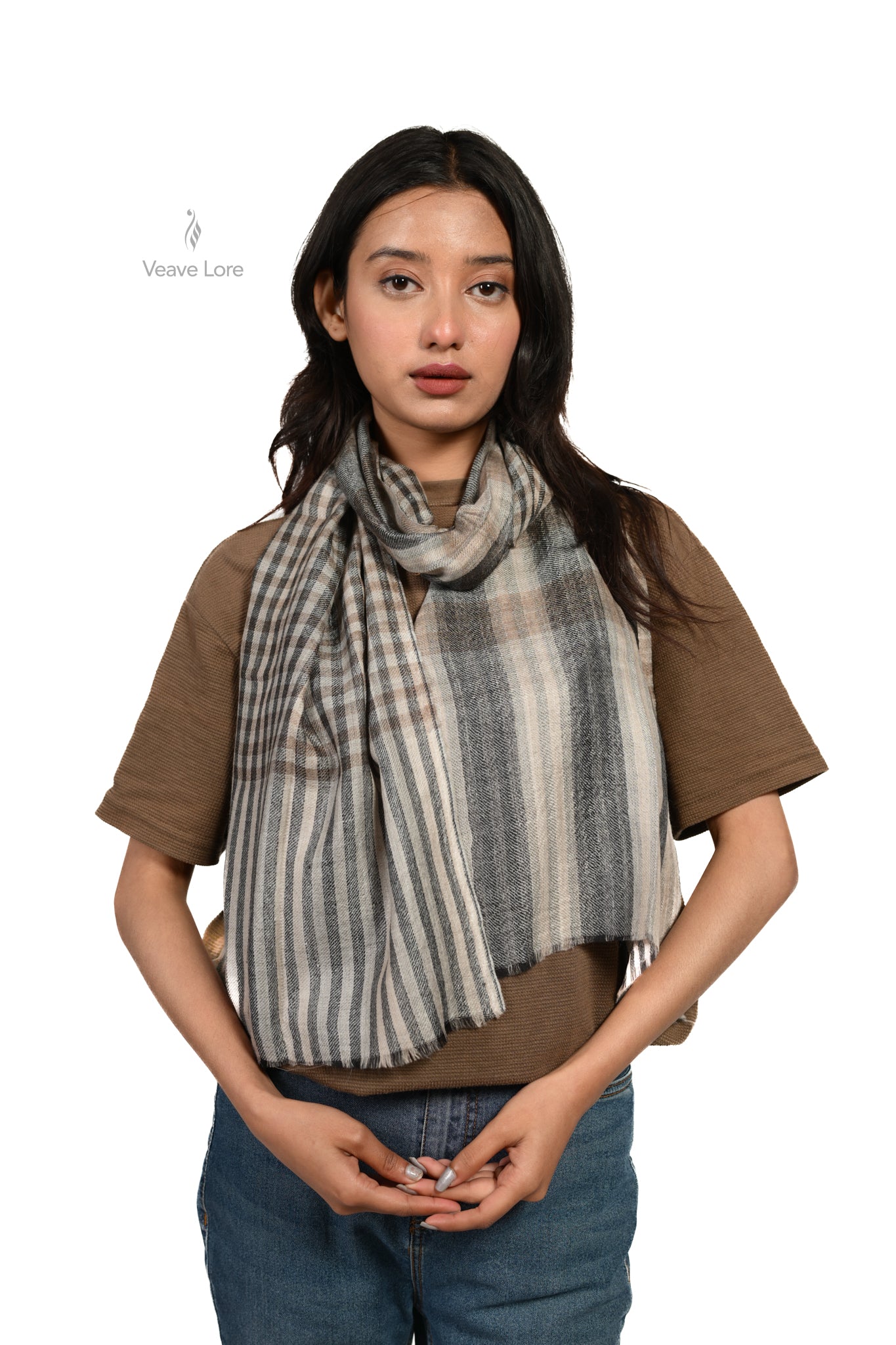 Zebun Charcoal Stripe Fine Wool Scarf