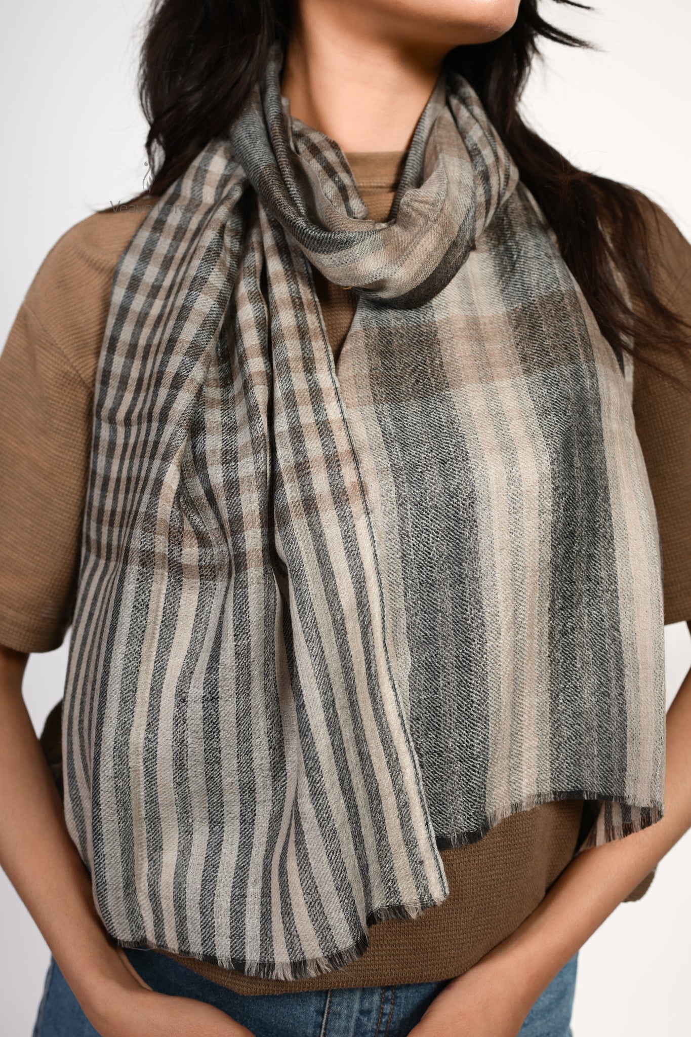 Zebun Charcoal Stripe Fine Wool Scarf