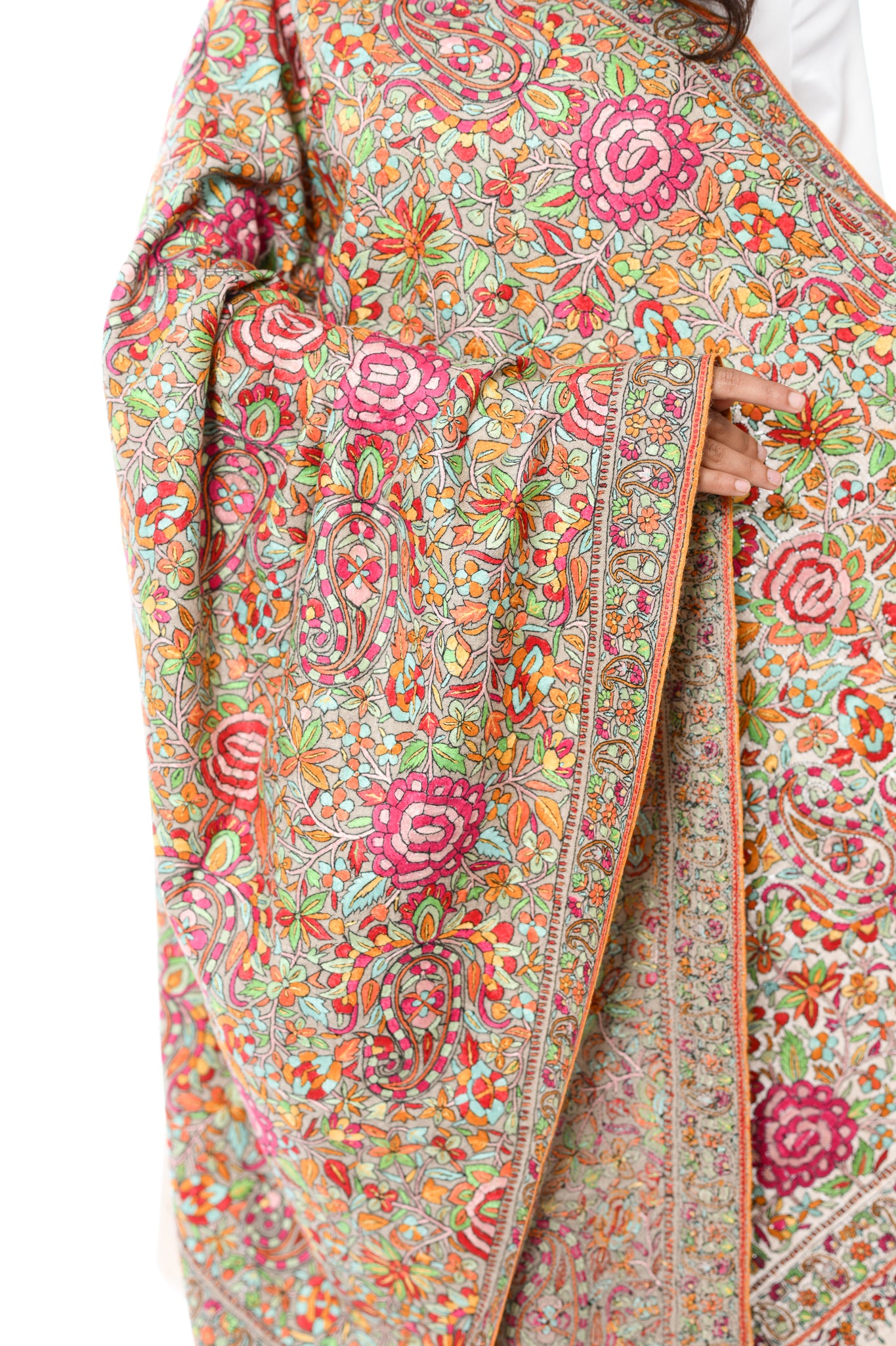 Khaki Gulshan Hand Embroidered Sozni Jamawar Shawl