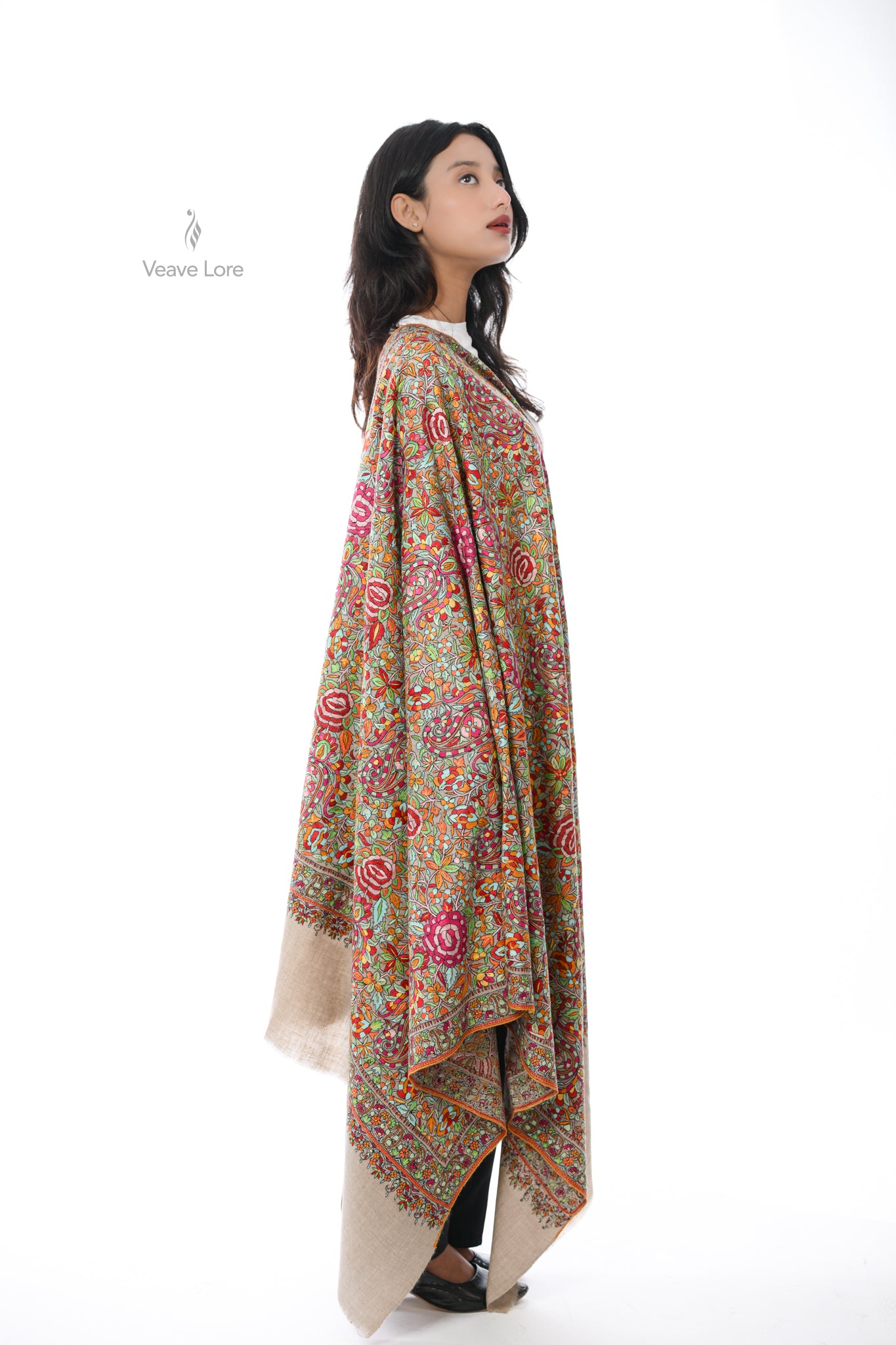 Khaki Gulshan Hand Embroidered Sozni Jamawar Shawl