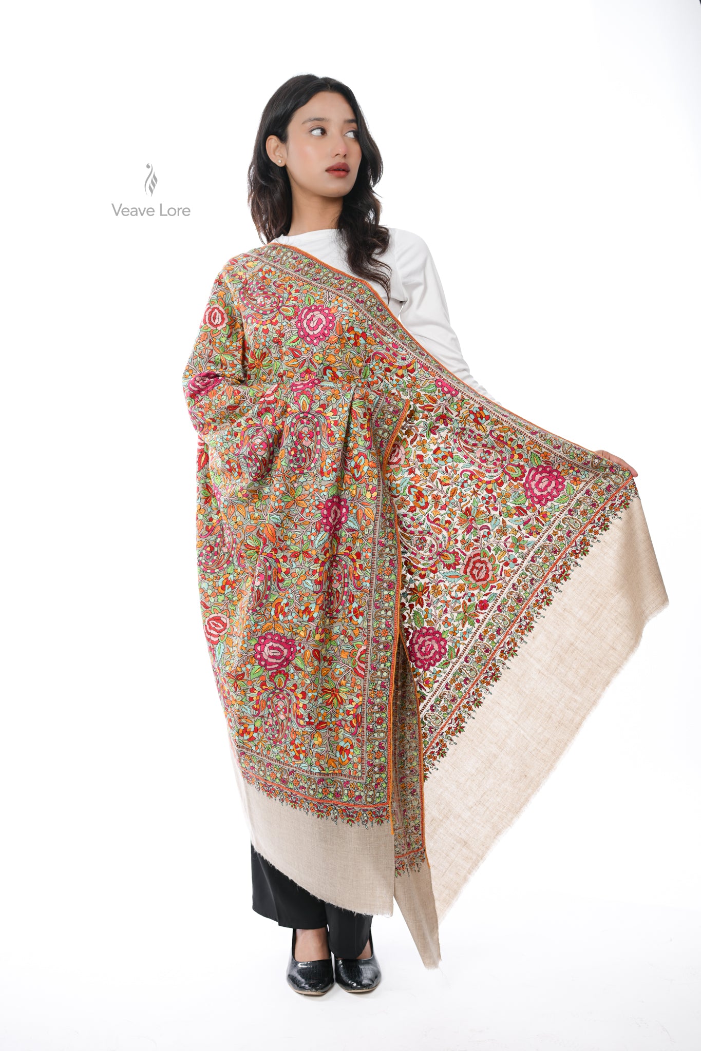 Khaki Gulshan Hand Embroidered Sozni Jamawar Shawl