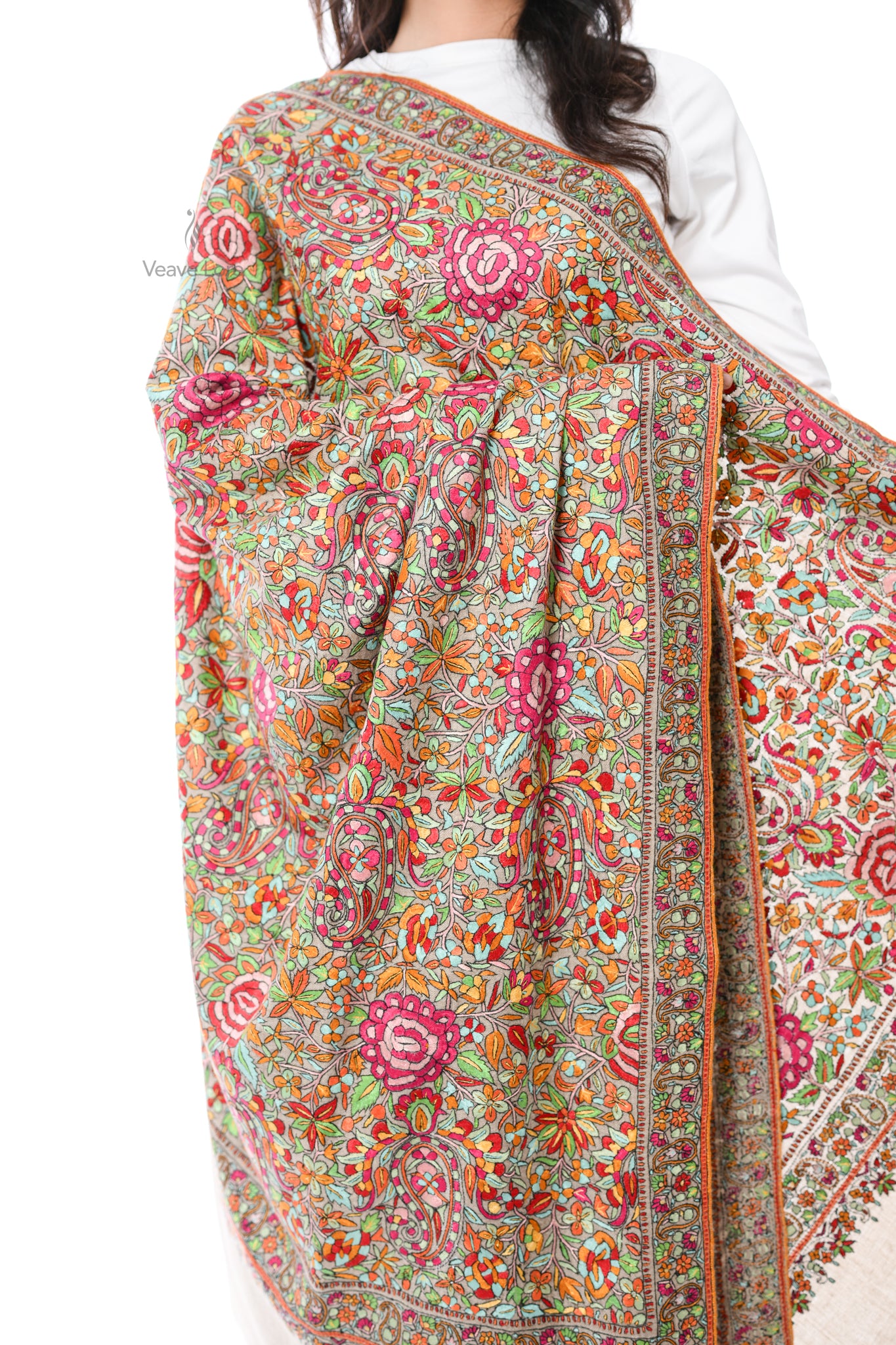 Khaki Gulshan Hand Embroidered Sozni Jamawar Shawl