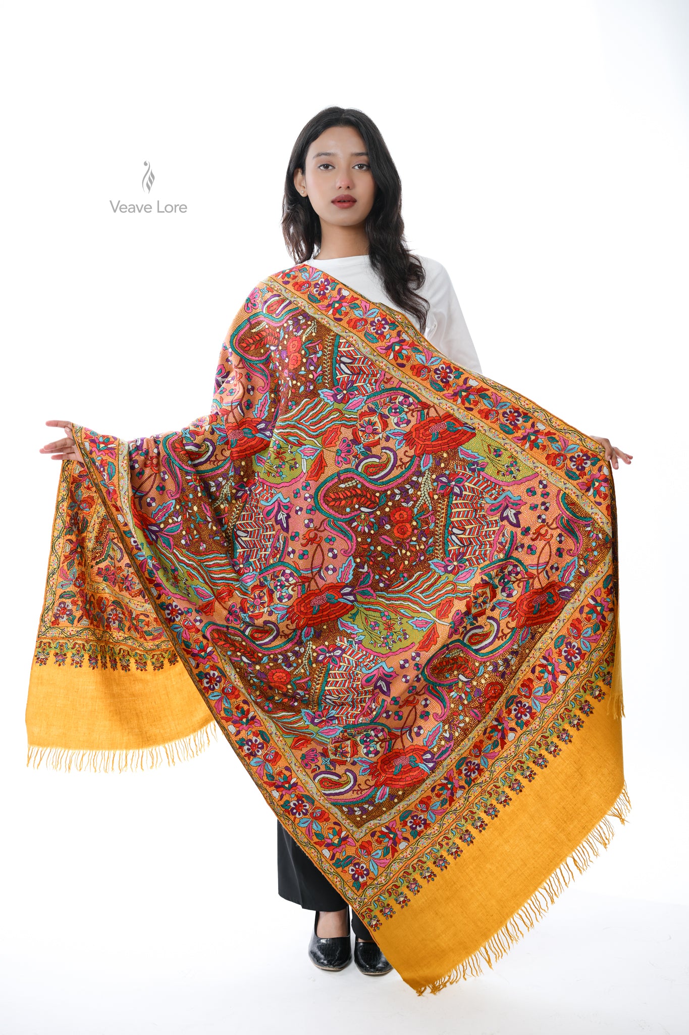 Zaffran Bahar Hand Embroidered Jamawar Floral Border Shawl