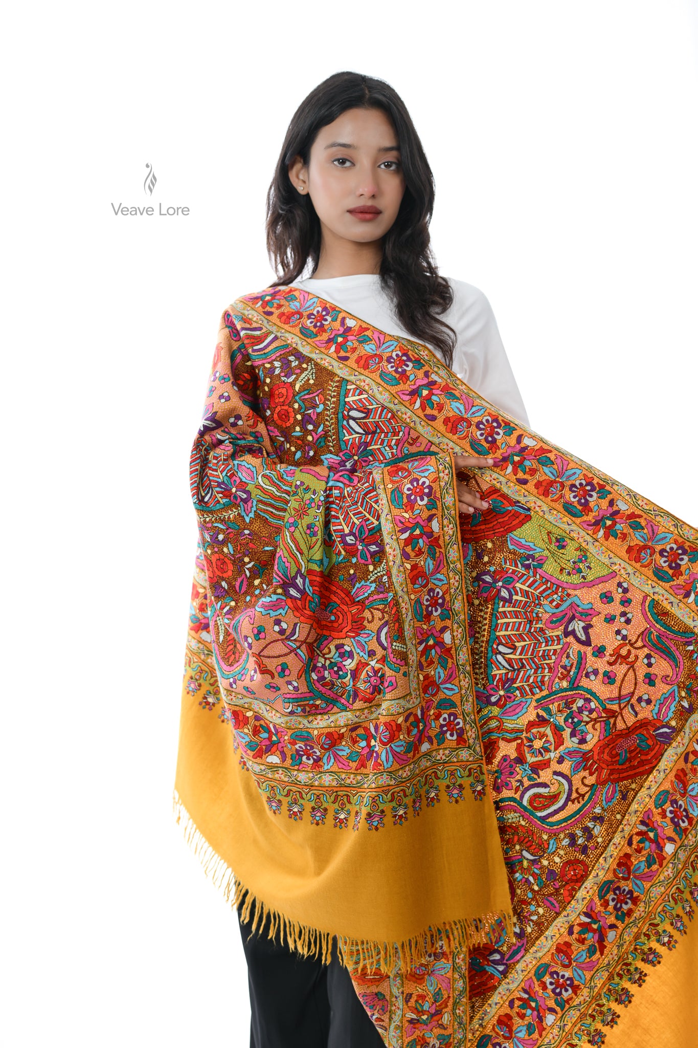 Zaffran Bahar Hand Embroidered Jamawar Floral Border Shawl