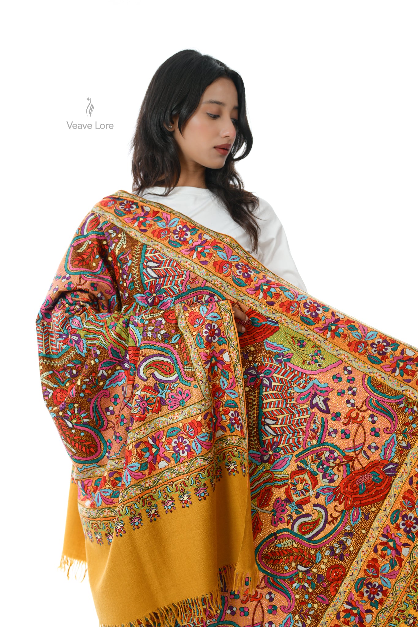 Zaffran Bahar Hand Embroidered Jamawar Floral Border Shawl