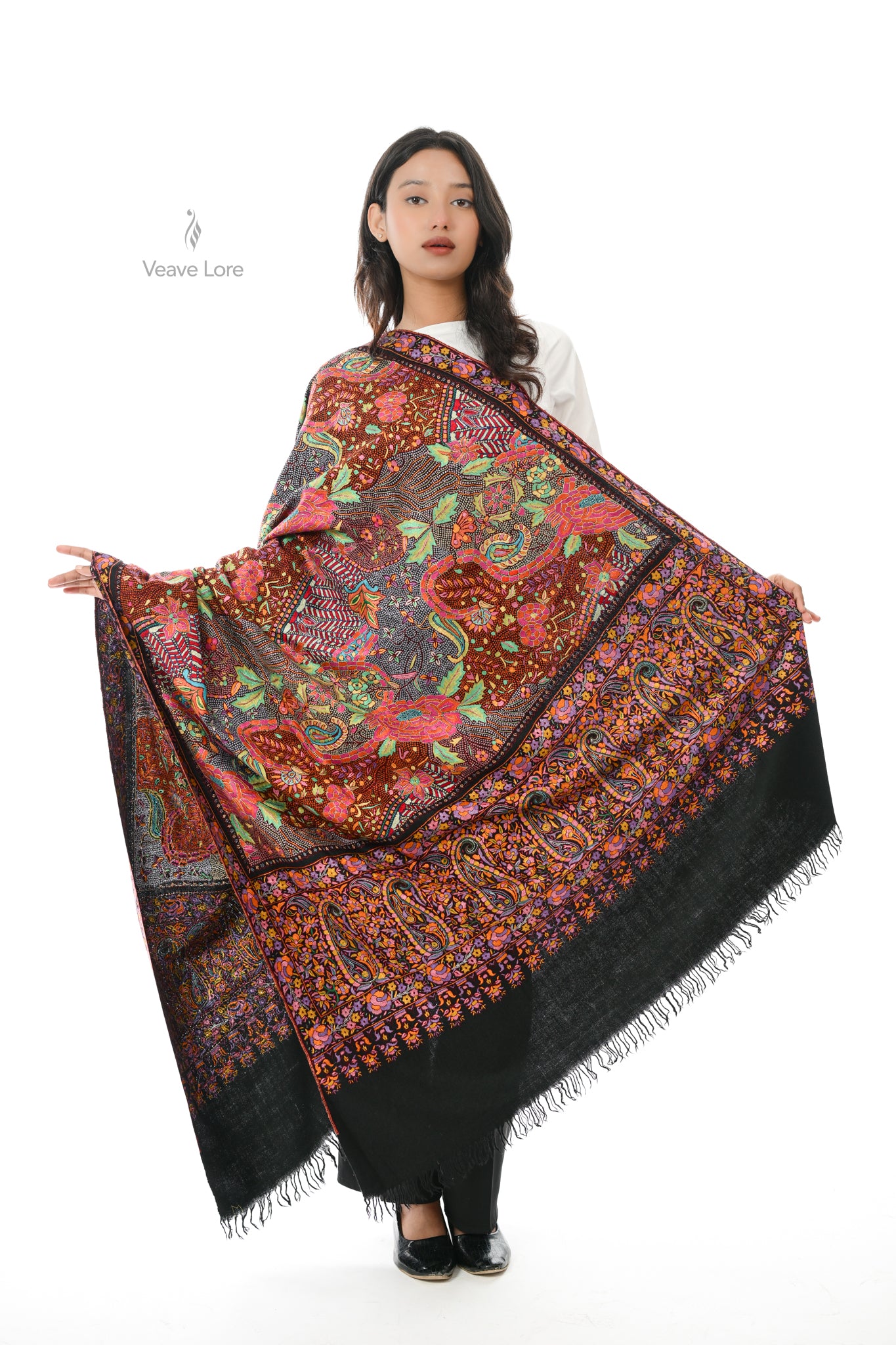Siyah Bahar Hand Embroidered Jamawar Floral Shawl