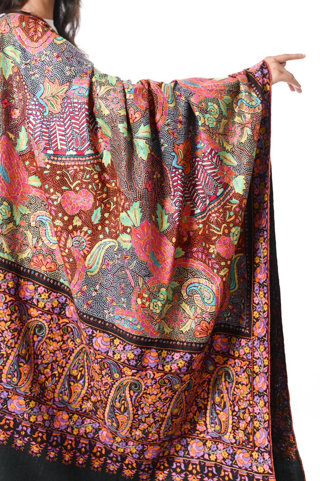 Siyah Bahar Hand Embroidered Jamawar Floral Shawl