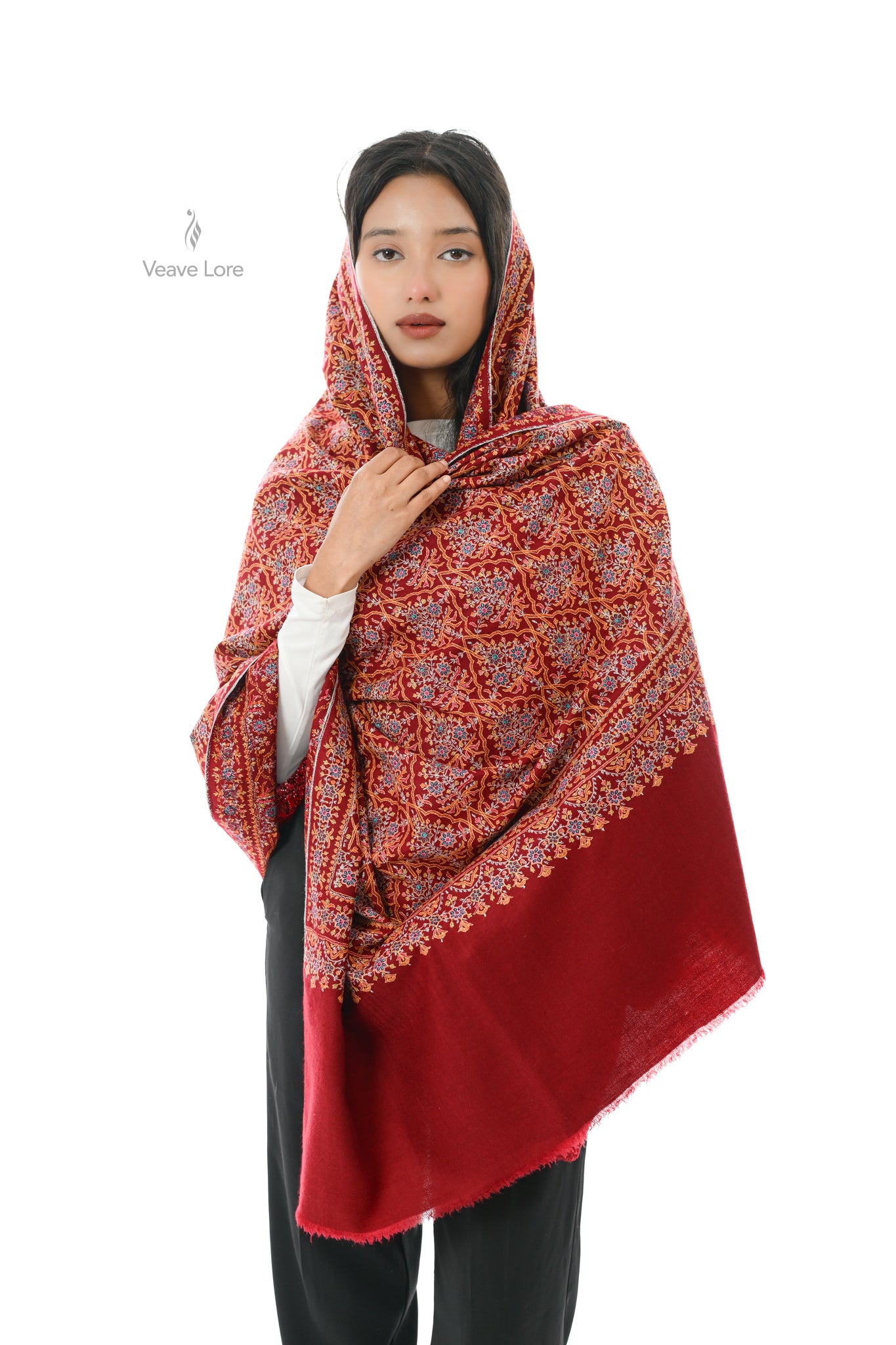 Maroon Chaman Hand Embroidered Sozni Jamawar Shawl