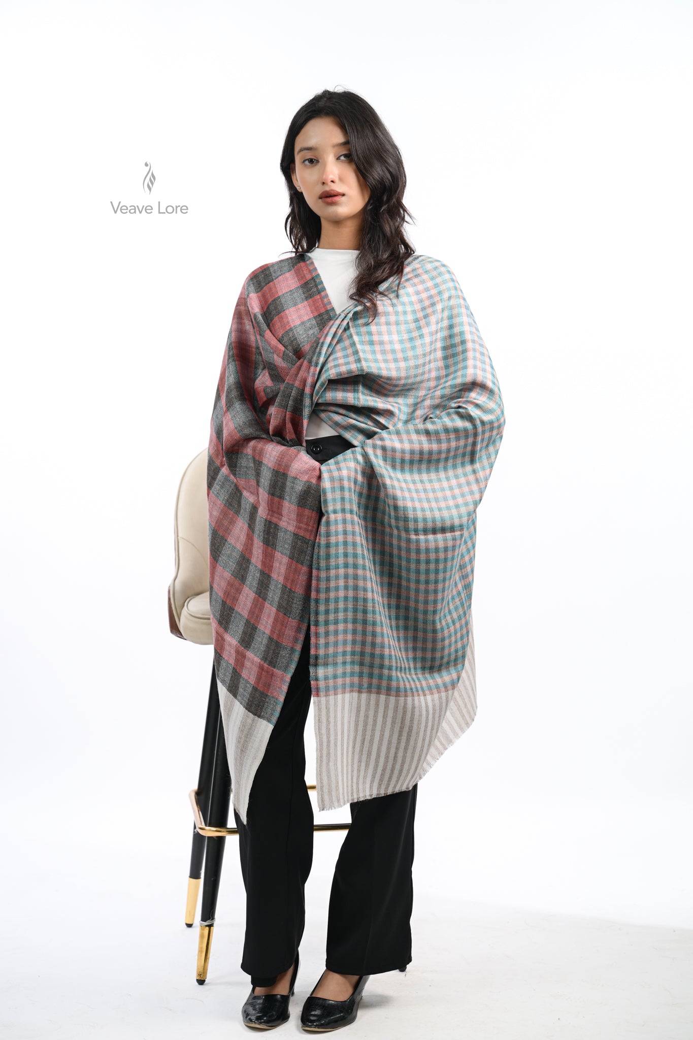 Reversible Check & Stripe Wool Stole