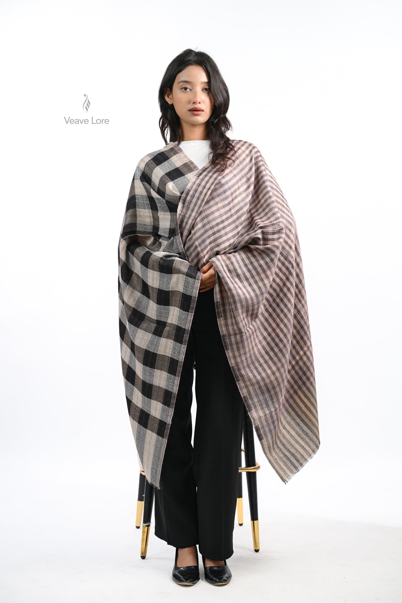 Reversible Check & Stripe Wool Stole