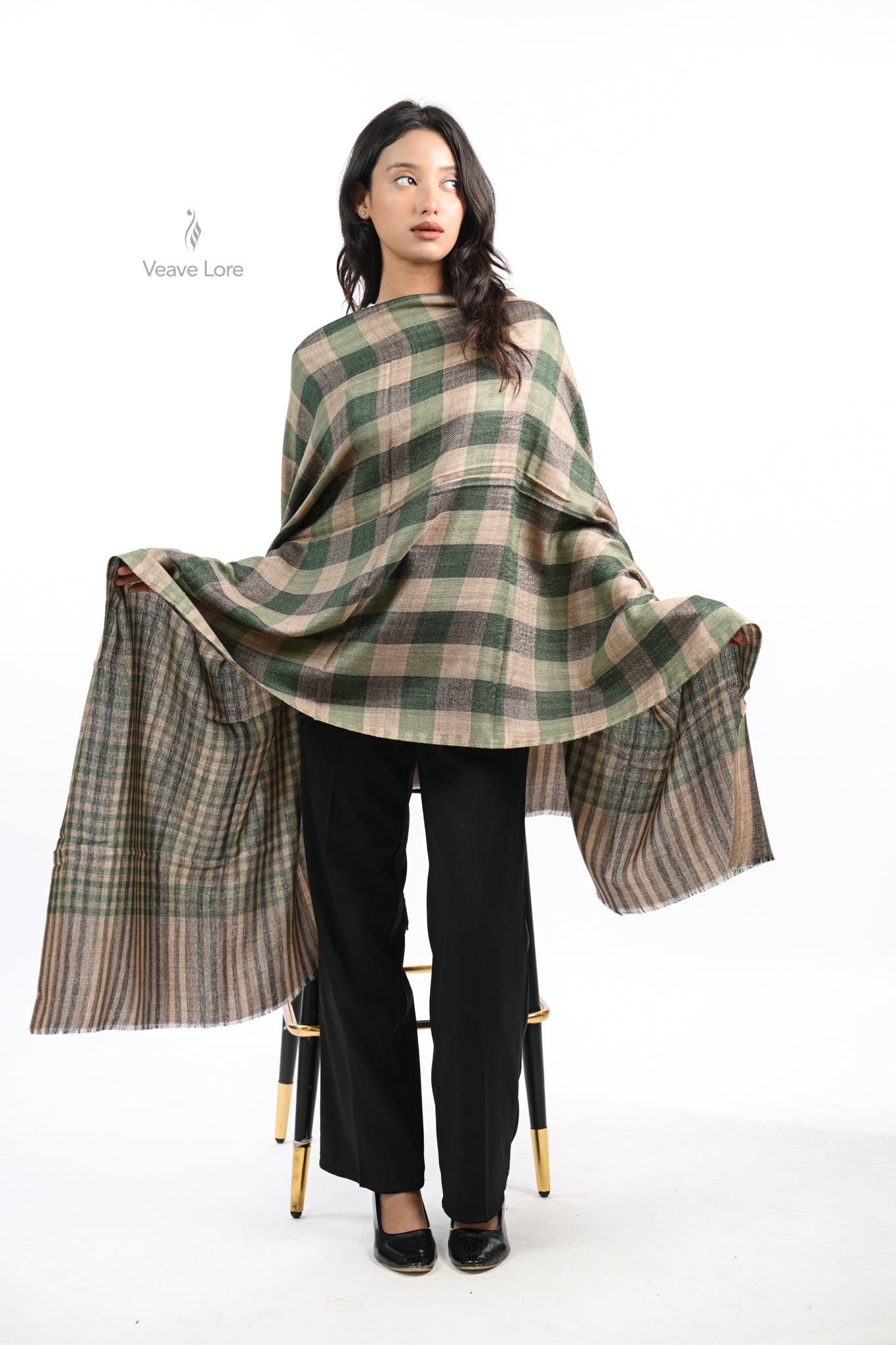 Reversible Check & Stripe Wool Stole