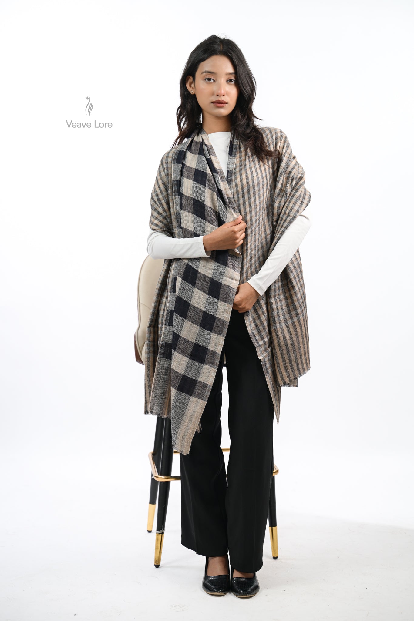 Reversible Check & Stripe Wool Stole