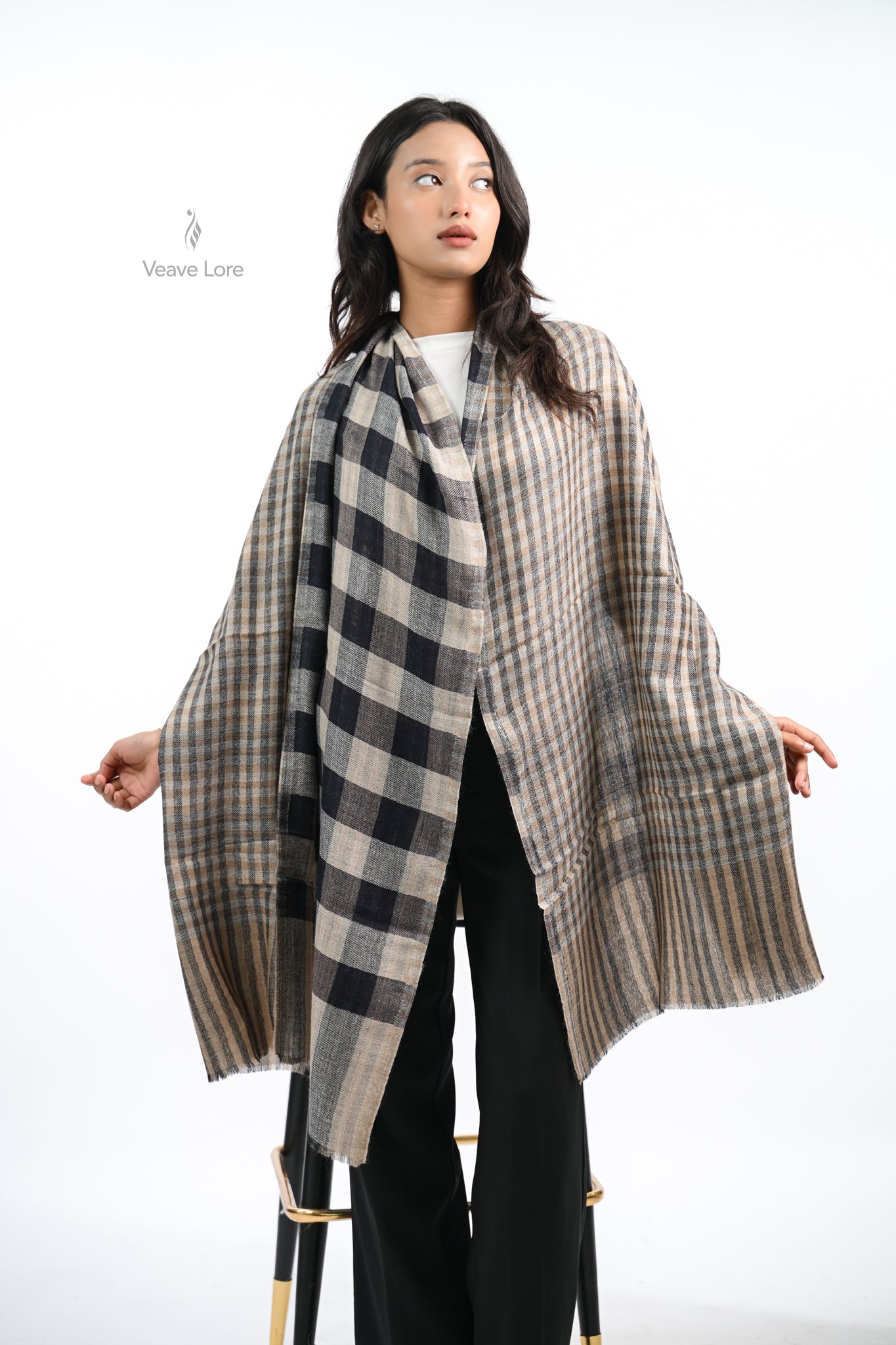 Reversible Check & Stripe Wool Stole