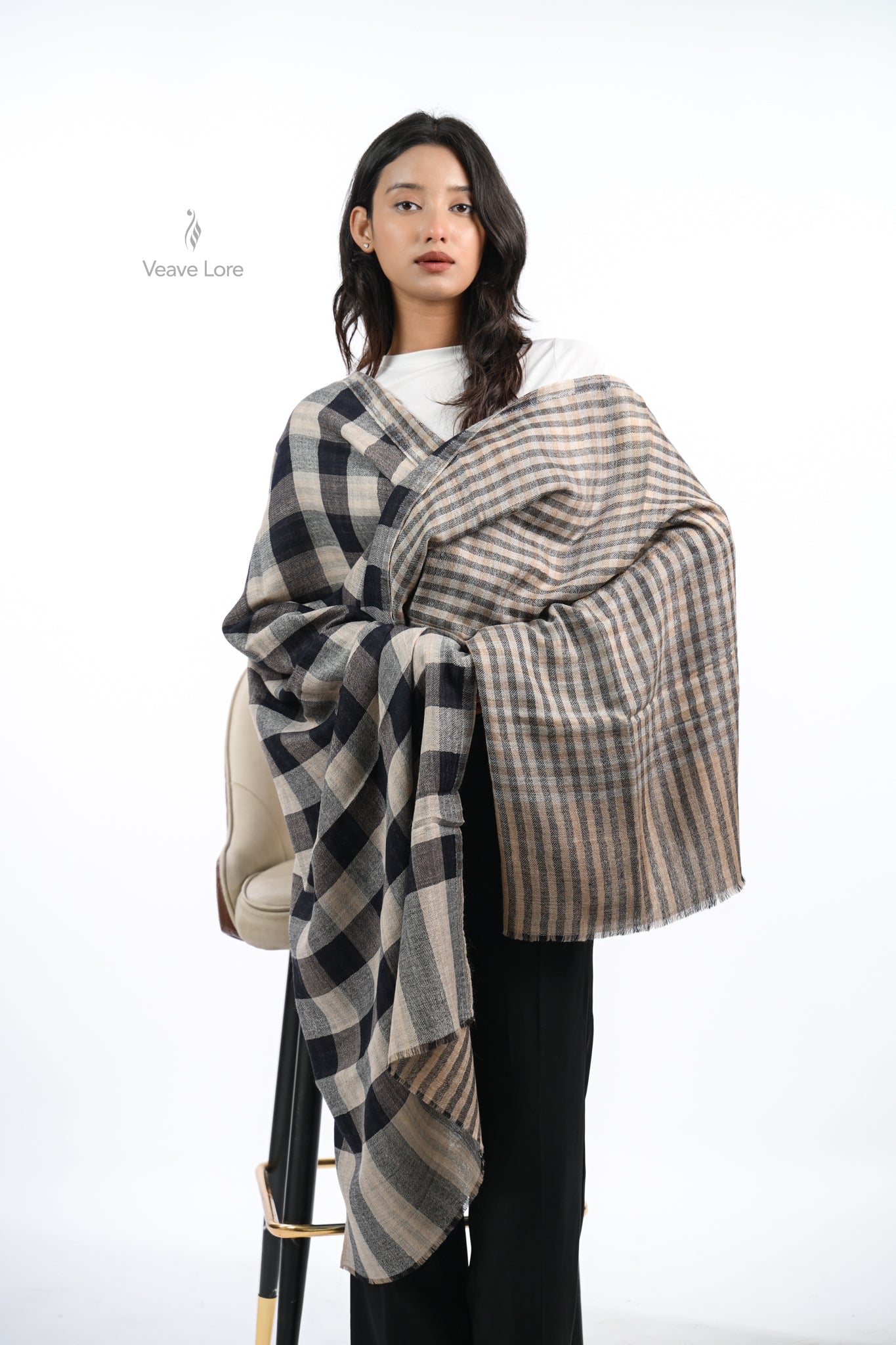Reversible Check & Stripe Wool Stole