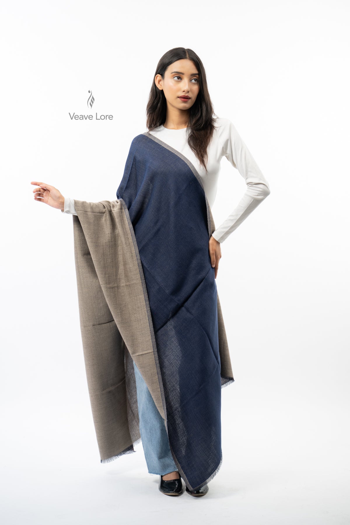 Women Navy & Grey Two-Face Reversible Fine Wool Stole