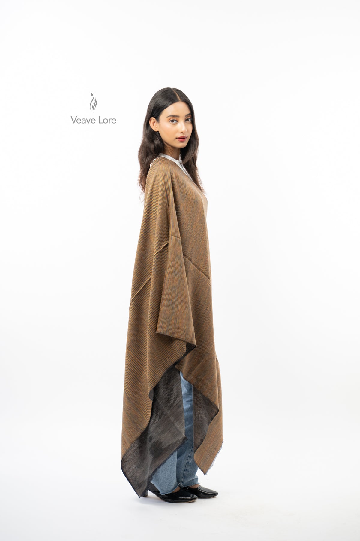 Women Brown Two-Way Fine Wool Stole with Stripe Pattern