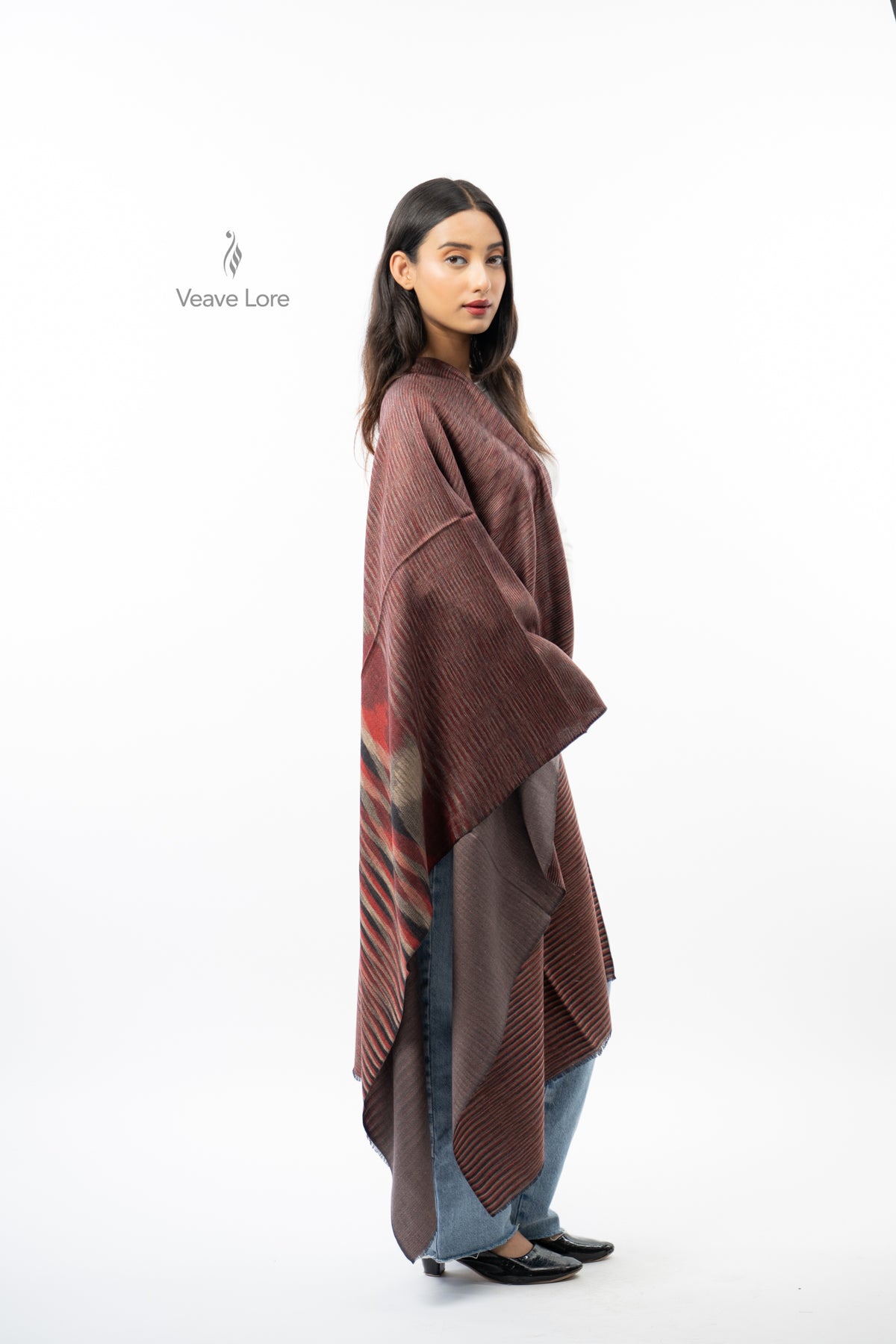 Women Brown Two-Way Fine Wool Stole with Stripe Pattern