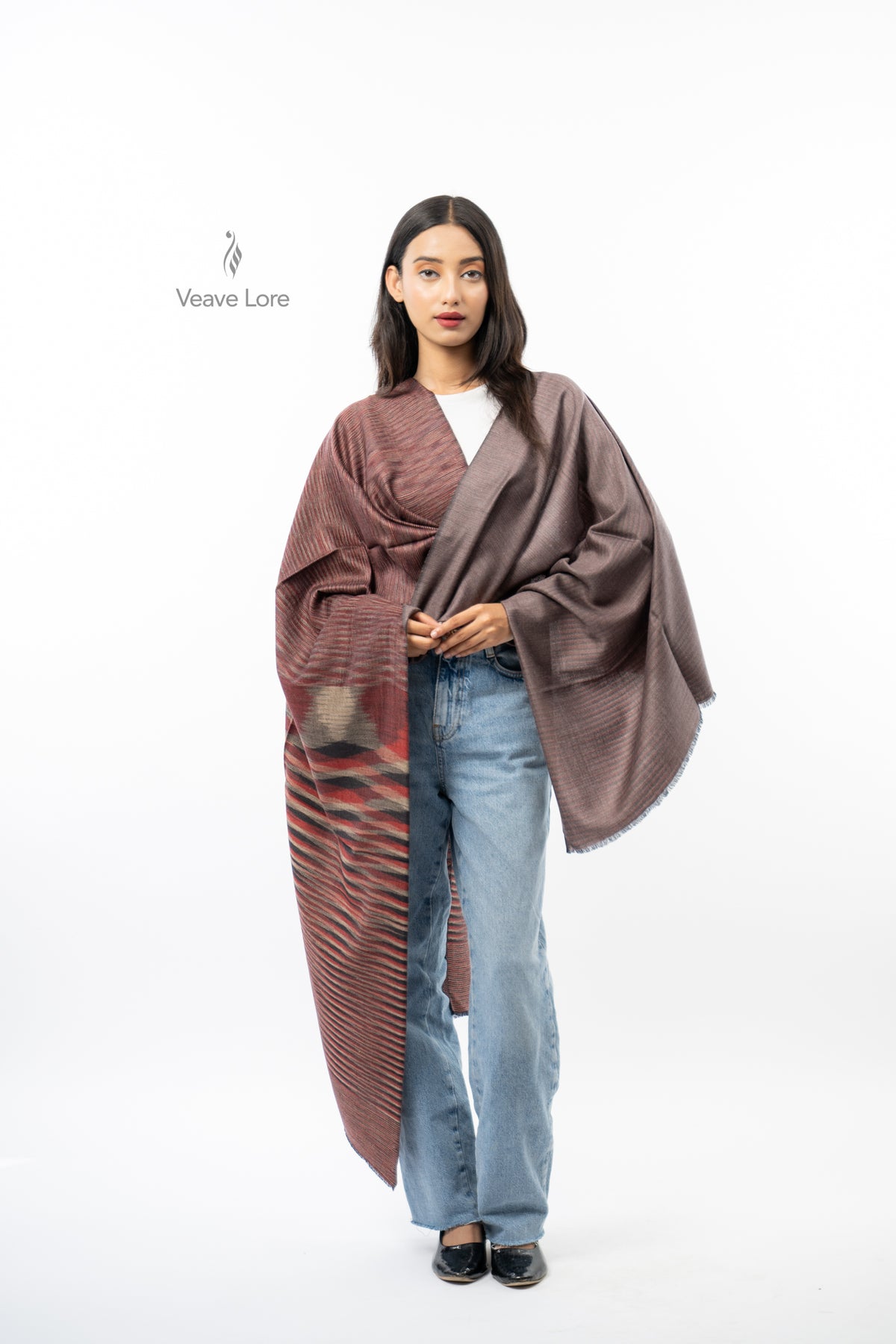 Women Brown Two-Way Fine Wool Stole with Stripe Pattern