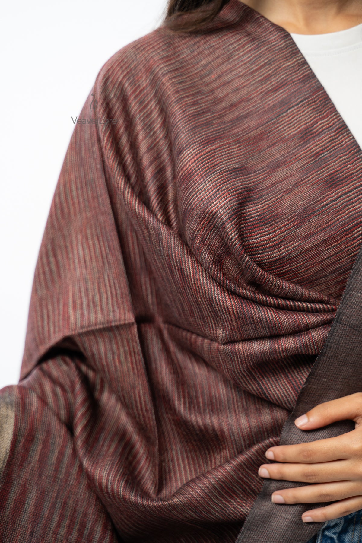 Women Brown Two-Way Fine Wool Stole with Stripe Pattern