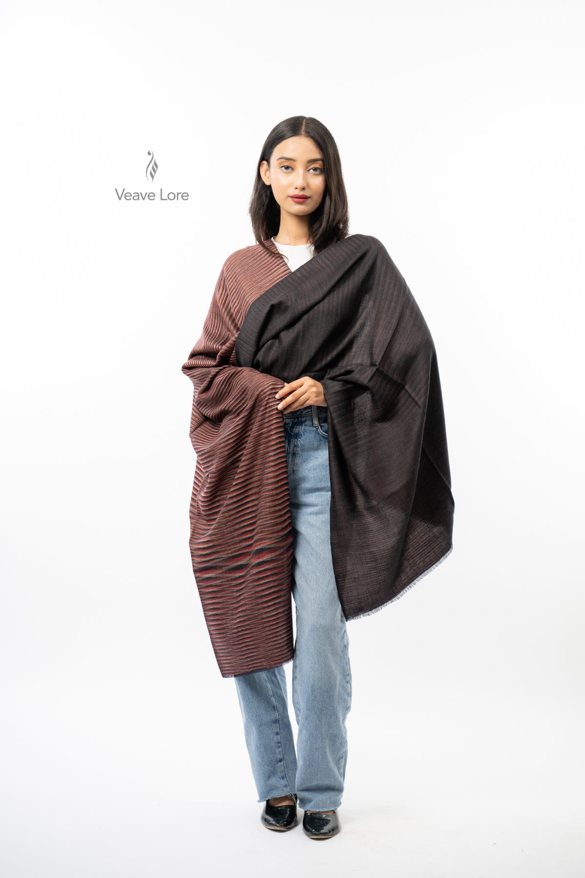 Women Brown Two-Way Fine Wool Stole with Stripe Pattern