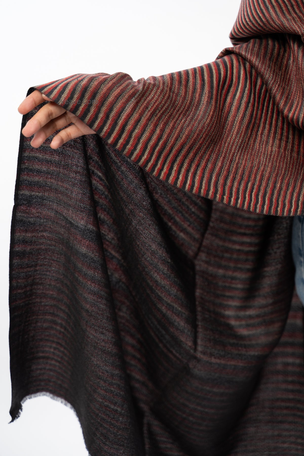 Women Brown Two-Way Fine Wool Stole with Stripe Pattern