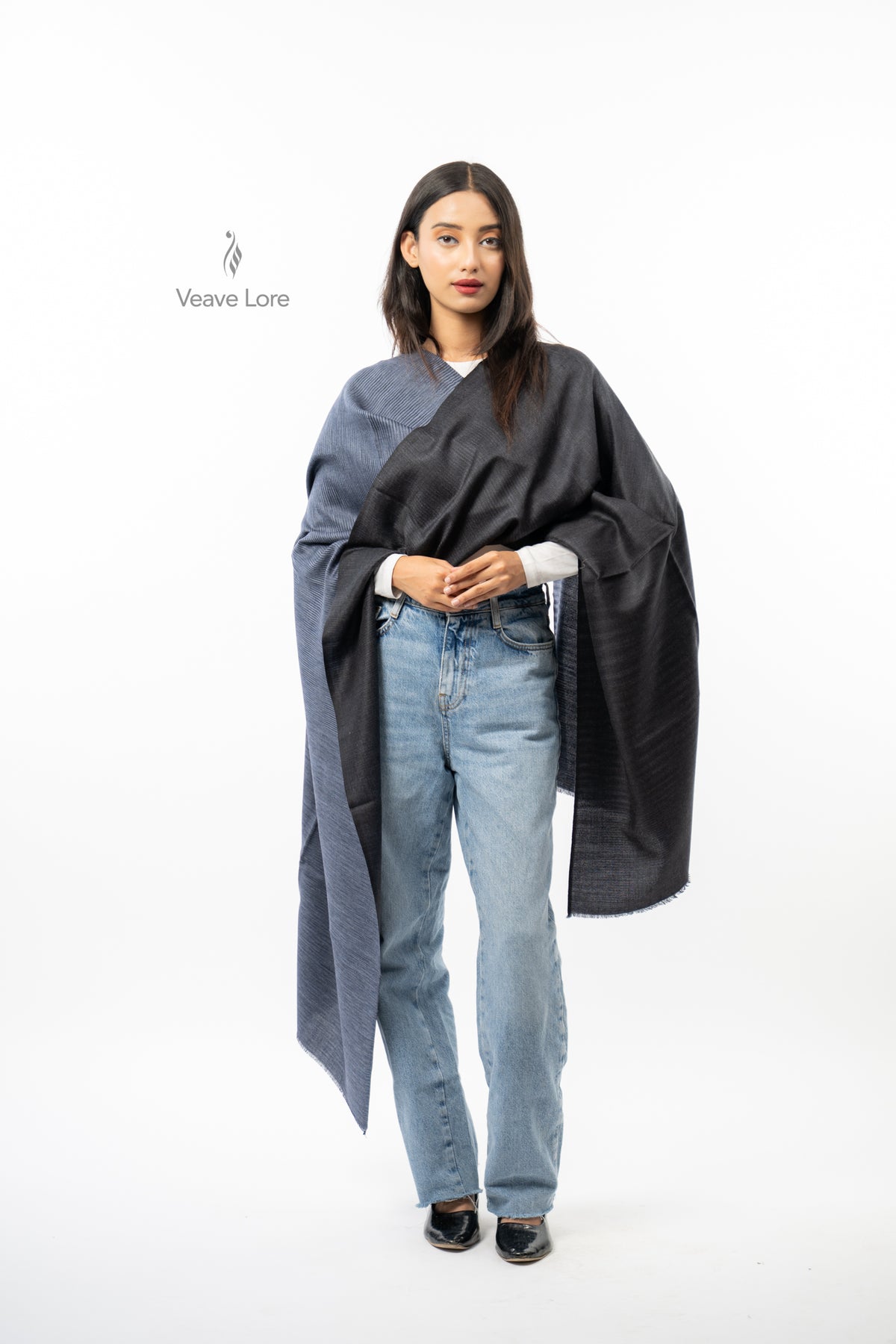 Women Brown Two-Way Fine Wool Stole with Stripe Pattern