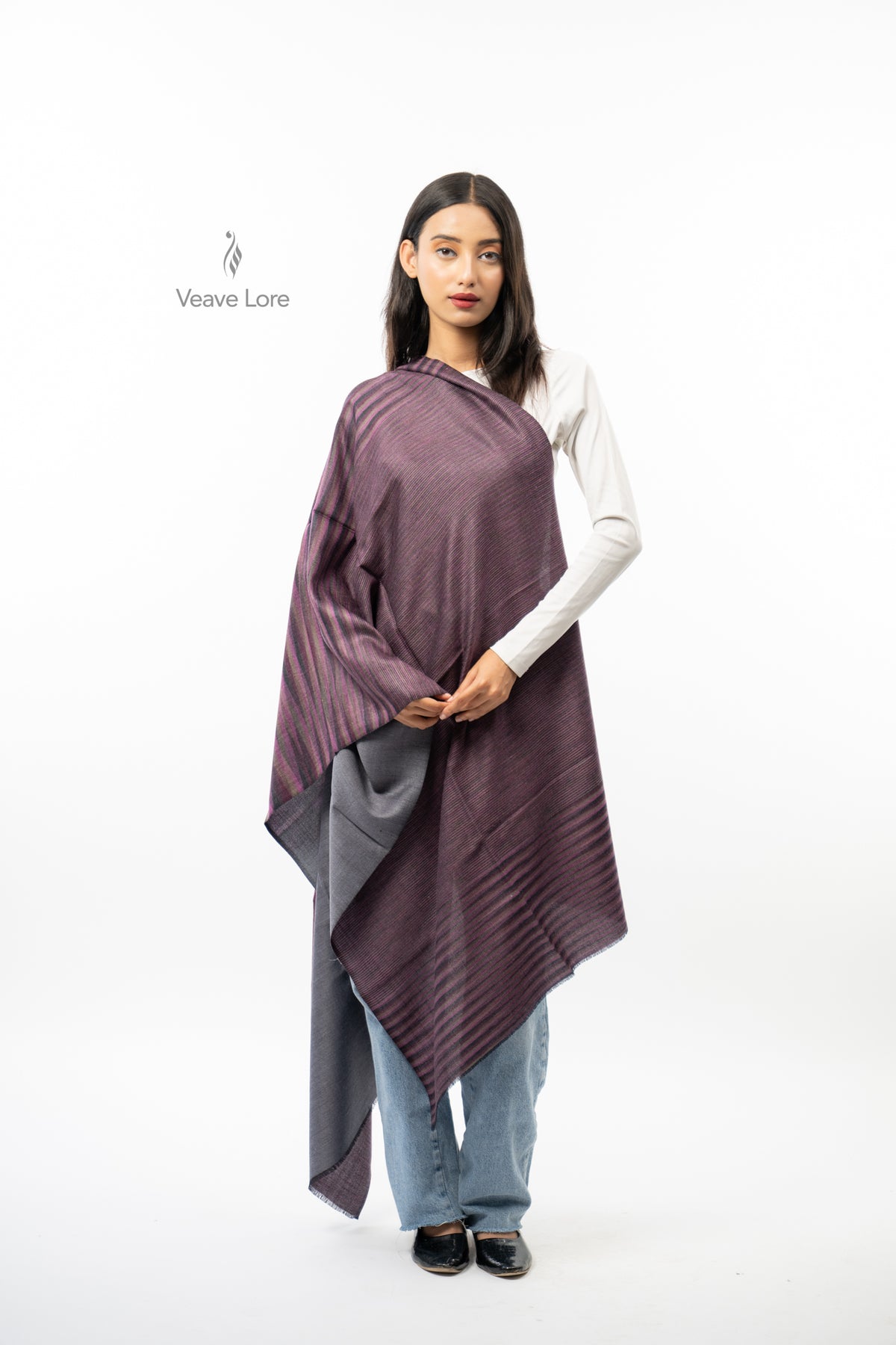 Women Brown Two-Way Fine Wool Stole with Stripe Pattern