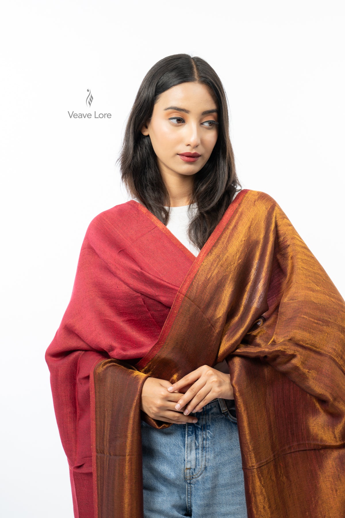 Women Rust & Red Double Face Fine Wool Zari Stole