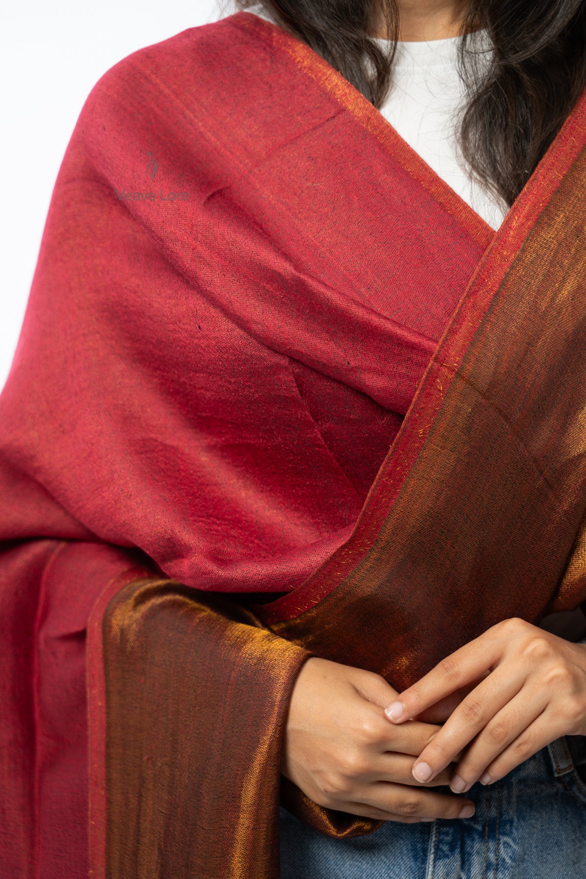 Women Rust & Red Double Face Fine Wool Zari Stole