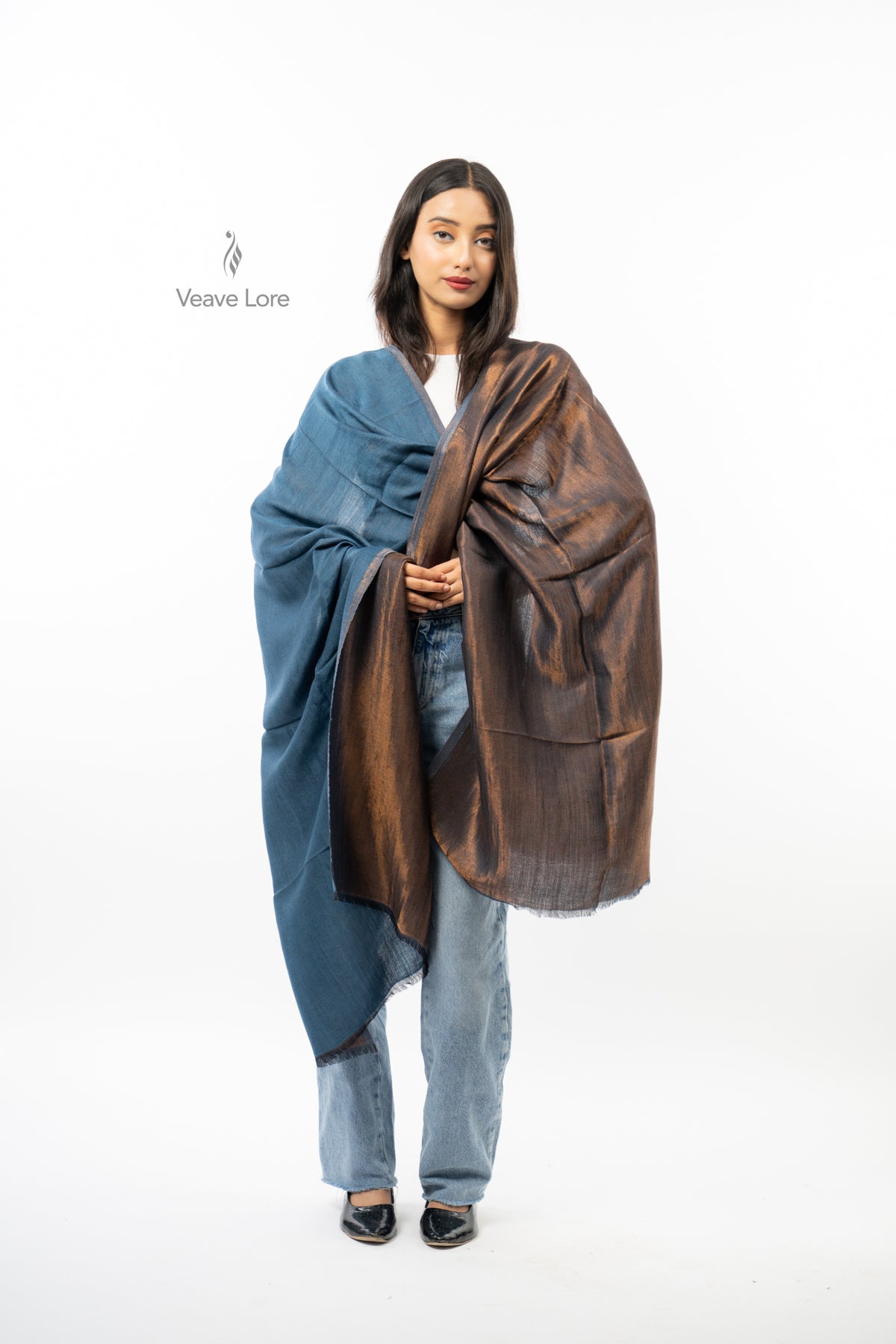 Women Rust & Red Double Face Fine Wool Zari Stole