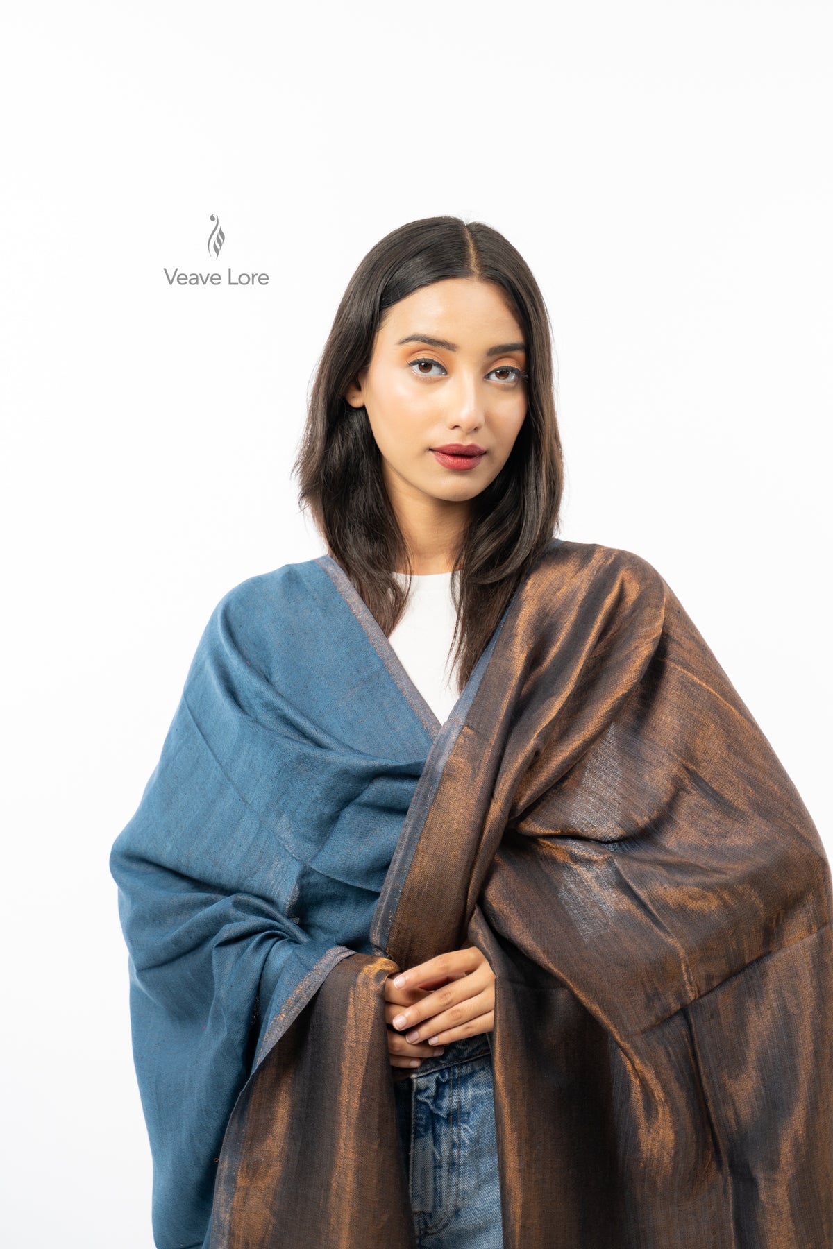 Women Rust & Red Double Face Fine Wool Zari Stole