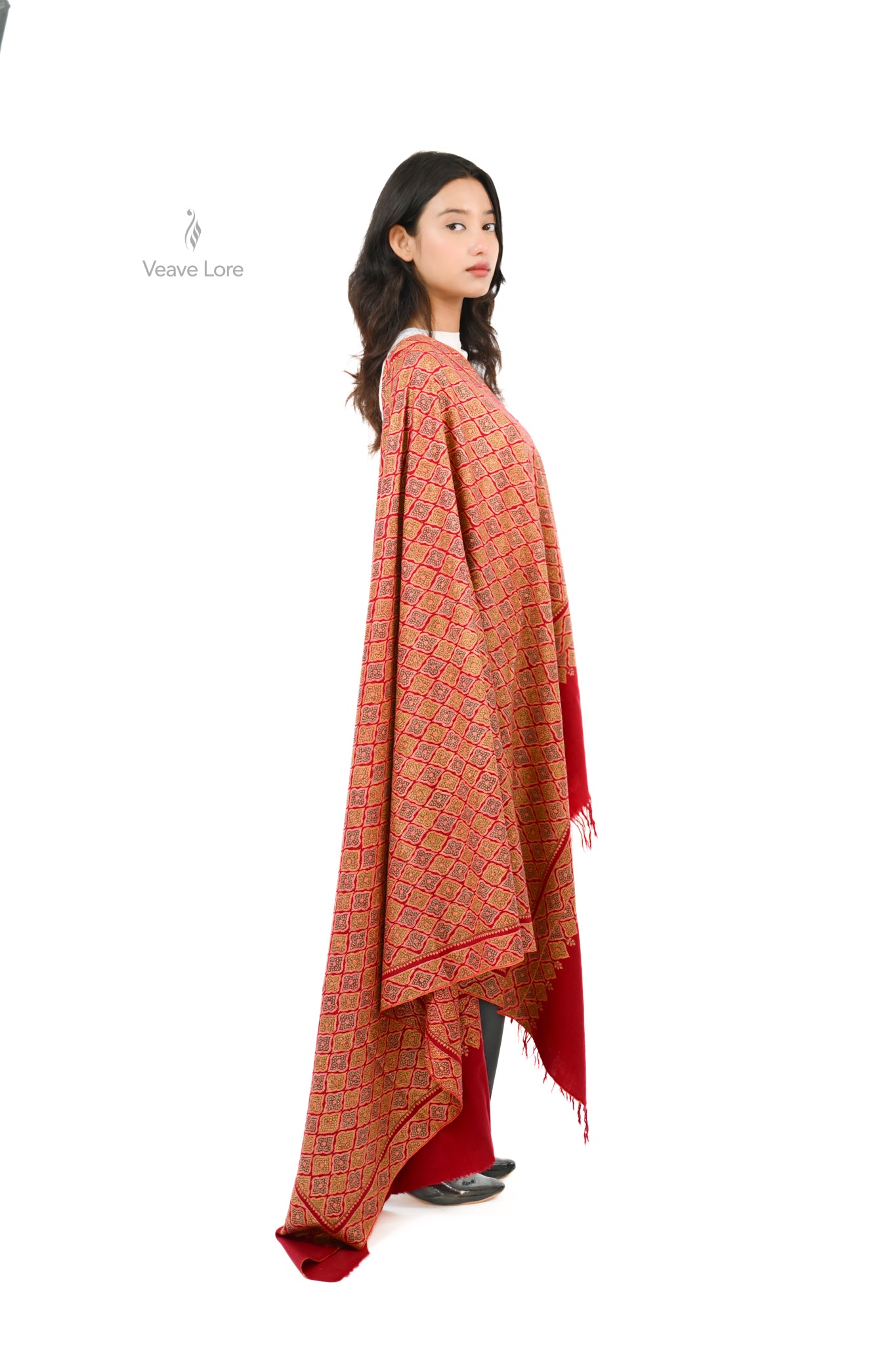 Firdaus Crimson Hand Embroidered Sozni Jamawar Shawl