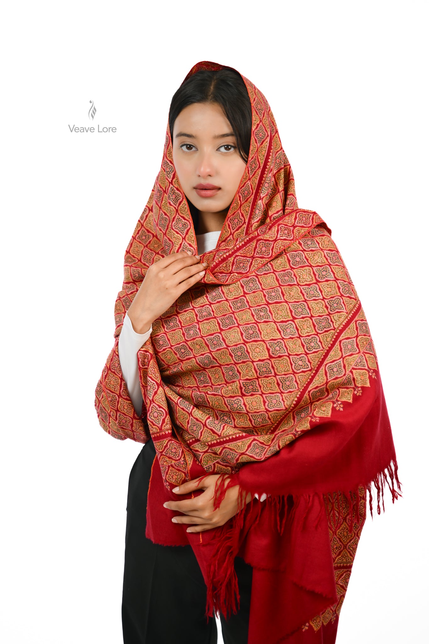 Firdaus Crimson Hand Embroidered Sozni Jamawar Shawl