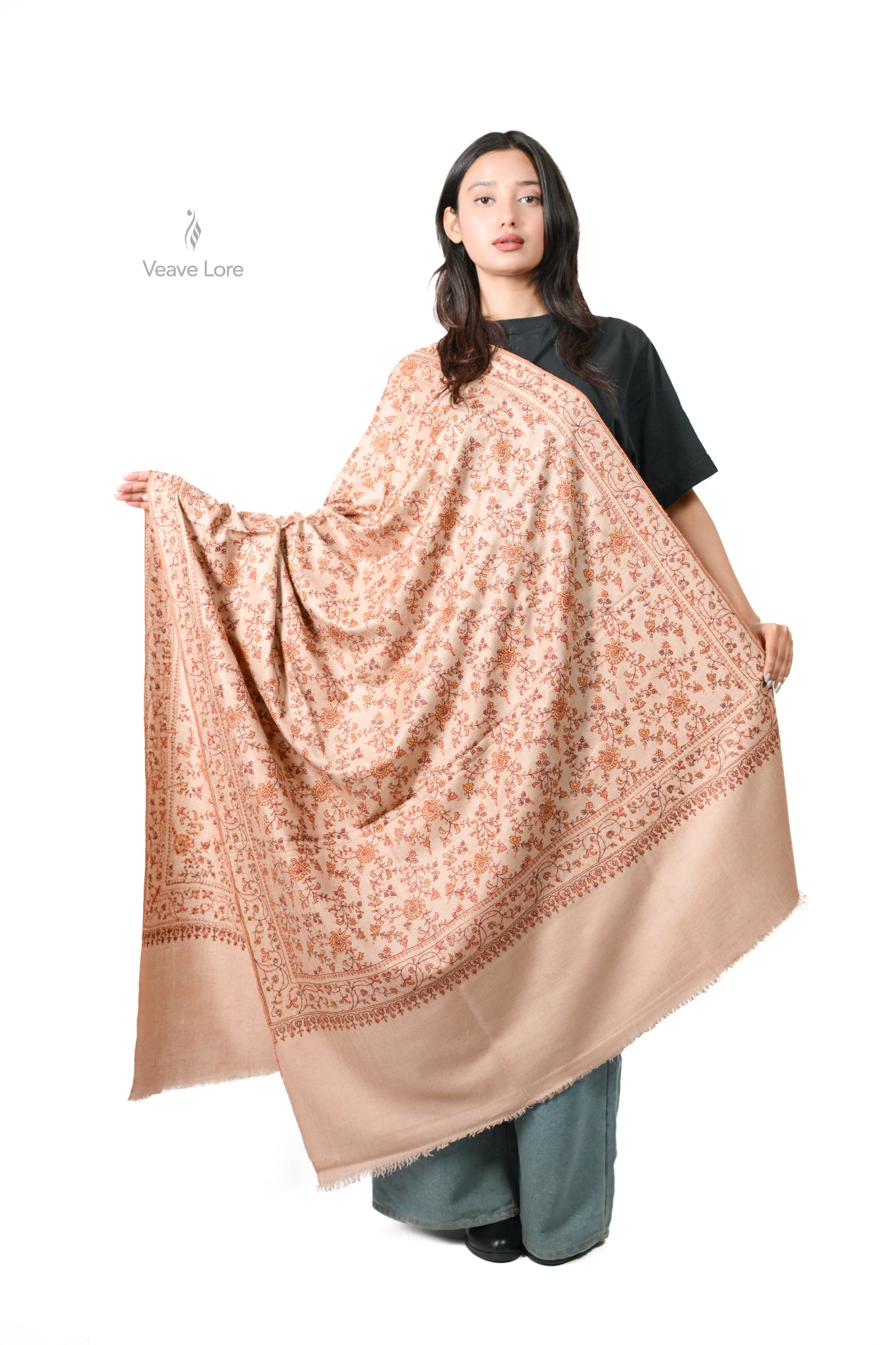 Shafaq & Flame Pashmina Shawl An All-Over Sozni Jaal of Trailing Vine and Flower