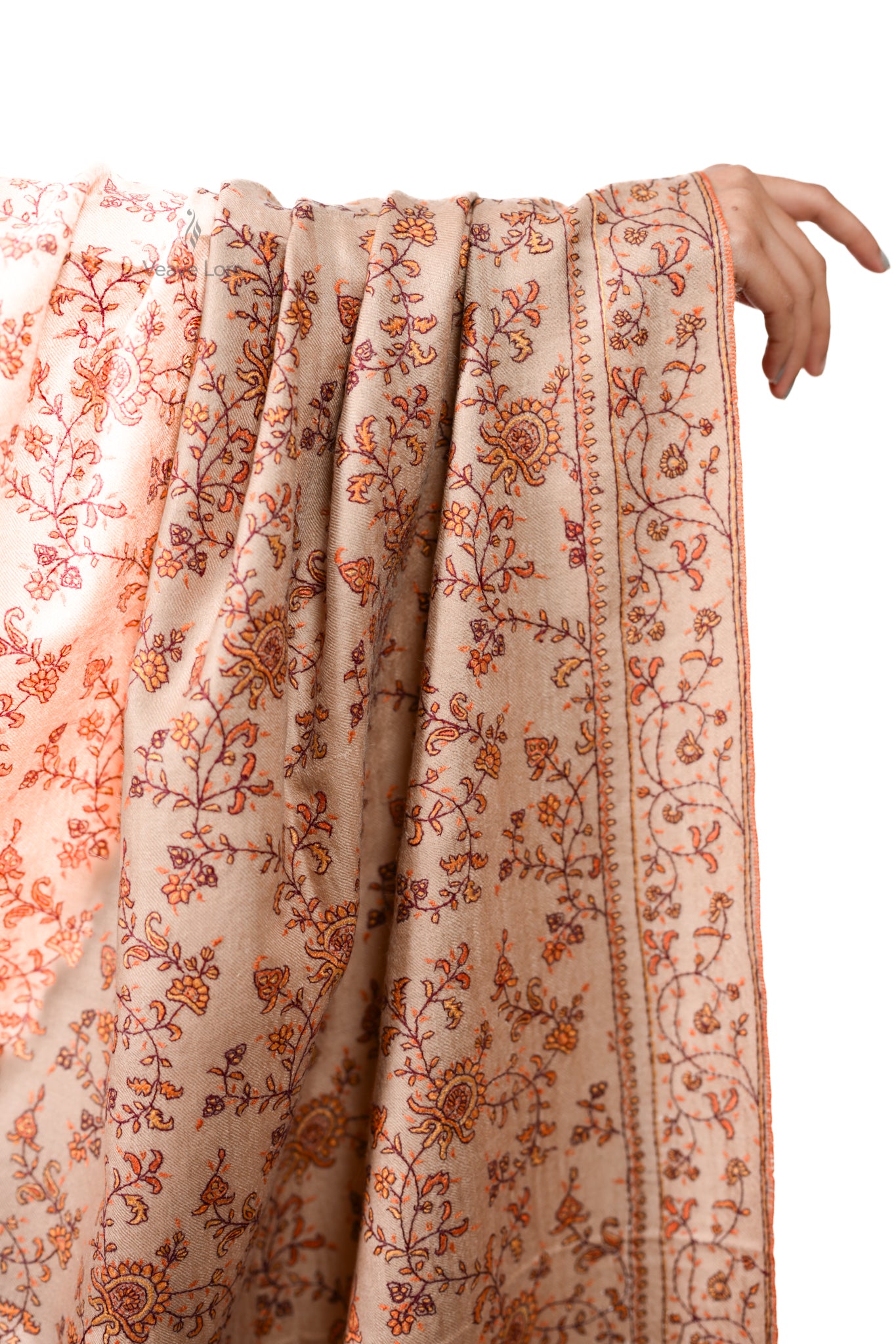 Shafaq & Flame Pashmina Shawl An All-Over Sozni Jaal of Trailing Vine and Flower