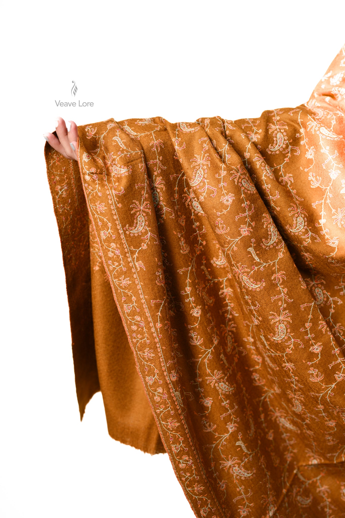 Kahrooba & Vine Pashmina Shawl — An All-Over Sozni Jaal of Trailing Vine on Amber
