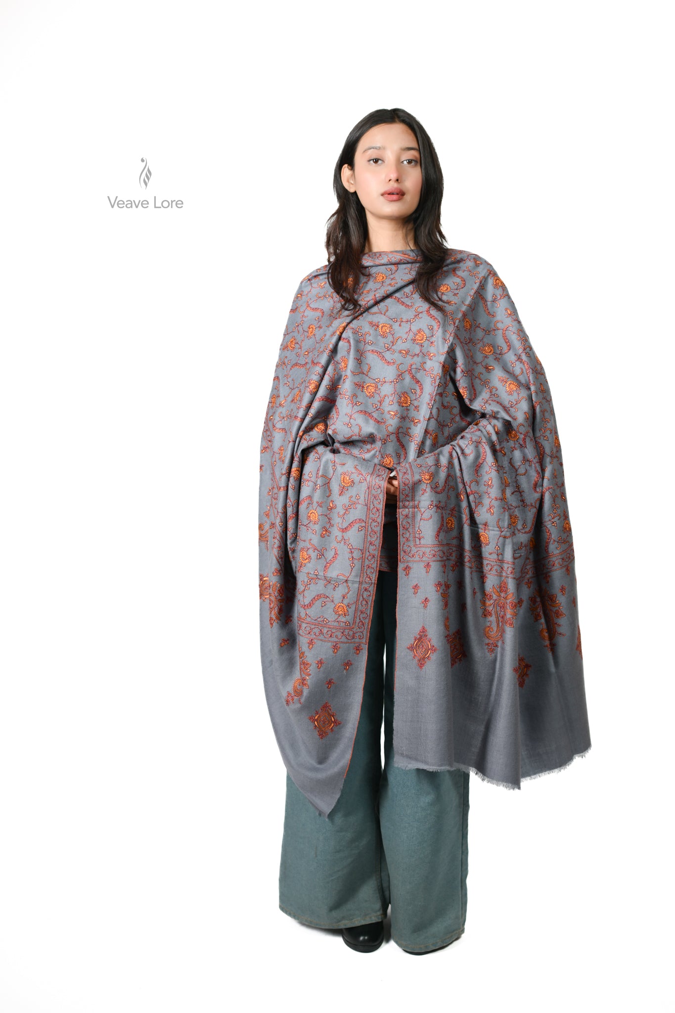 Mehtab & Copper Pashmina Shawl — Sozni Buti and Hashia on Dove Grey